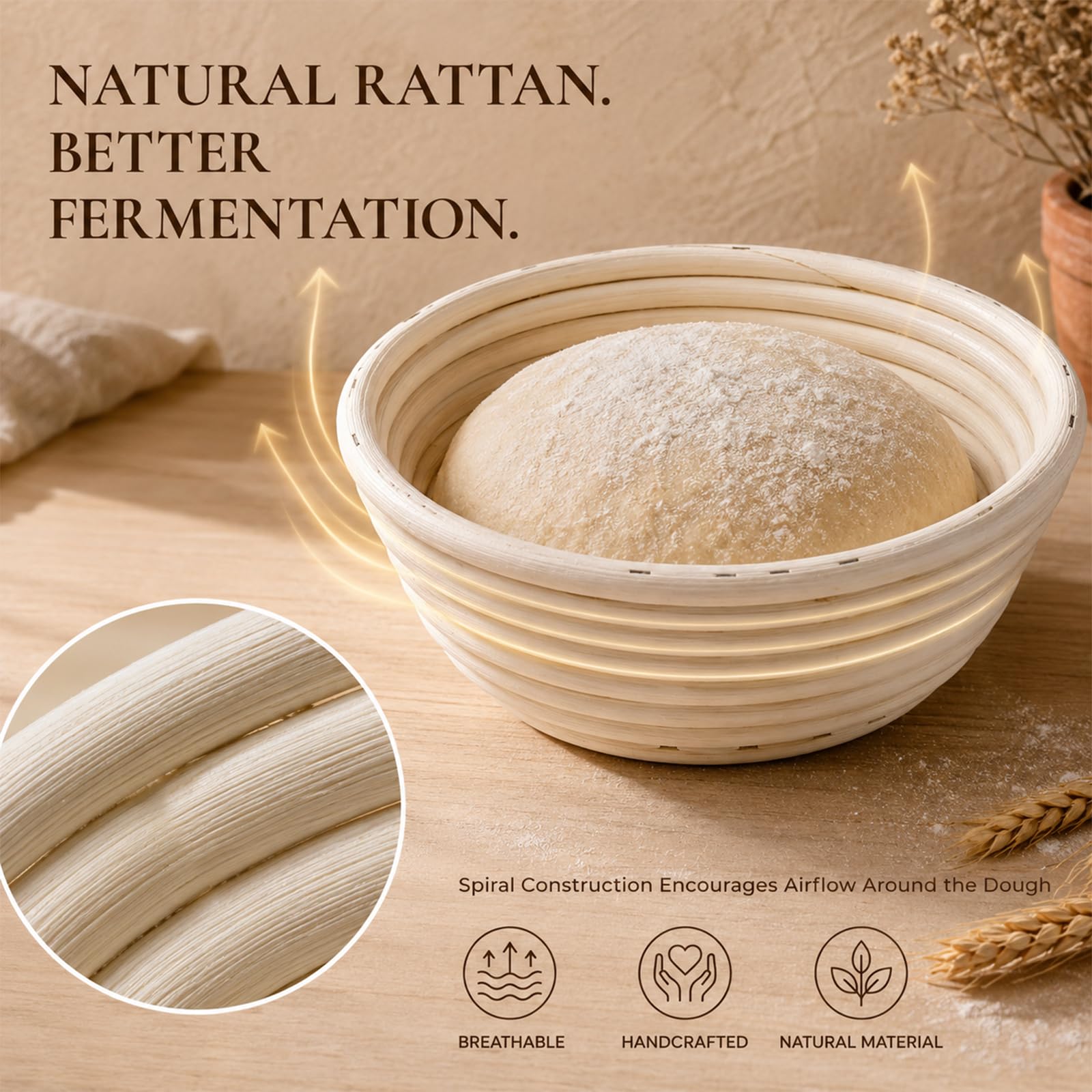 Banneton Pan - Juego de 6 Banetones para Pan de Ratán Natural