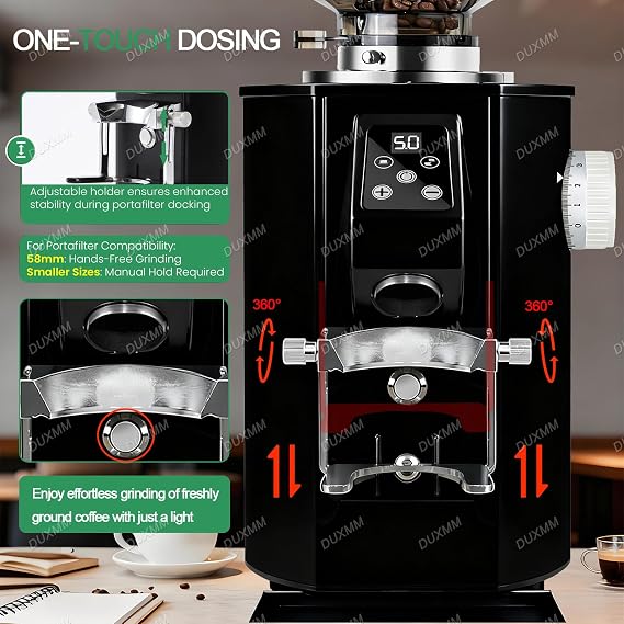 Commercial Coffee Flat Burr Grinder,Premium Electric Burr Coffee Grinder,64mm flat burrs with Container,9 Adjustable Grind Settings with Professional Portafilter Holder,for Coffee Shops Black