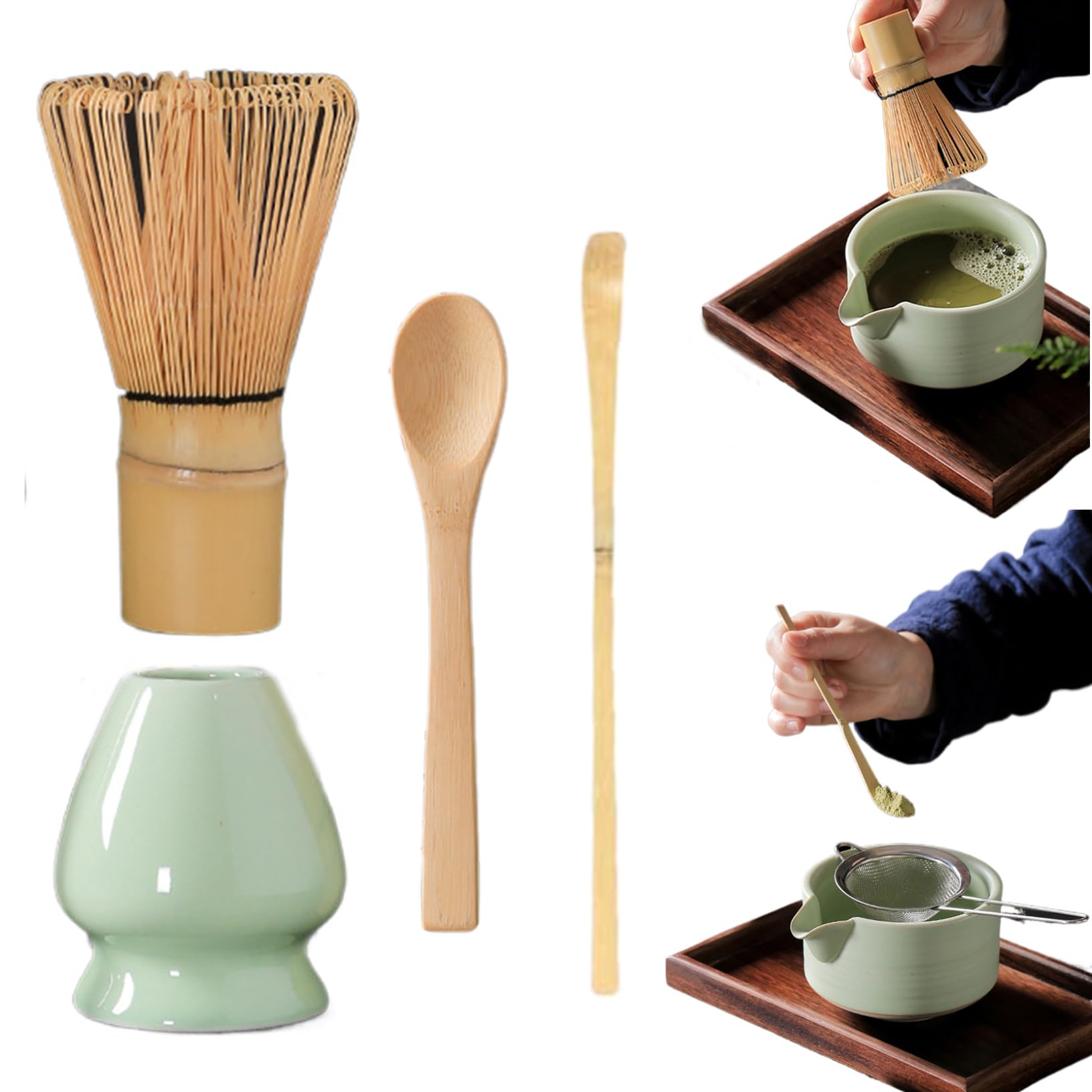 Matcha Whisk Set, Japanese Matcha Set with Whisk, Bush, Scoop & Holder Reusable Kit