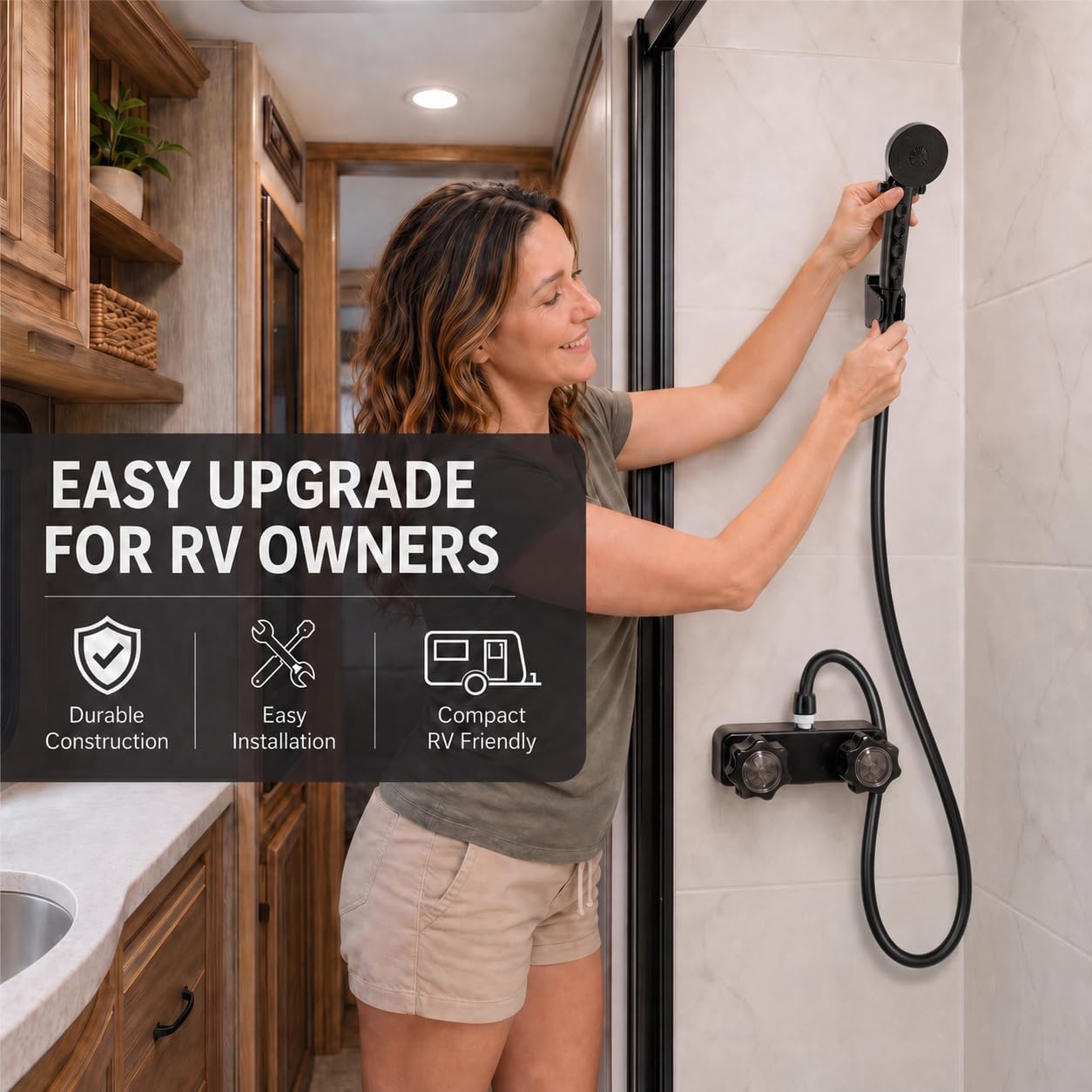 RV Shower Faucet with Hose and Head: 59" Hose ABS Diverter Valve Replacement Kit - 4 Inch 2-Hole Camper Shower Faucet for RV Camper Motorhome Travel Trailer Fifth Wheel Outdoor