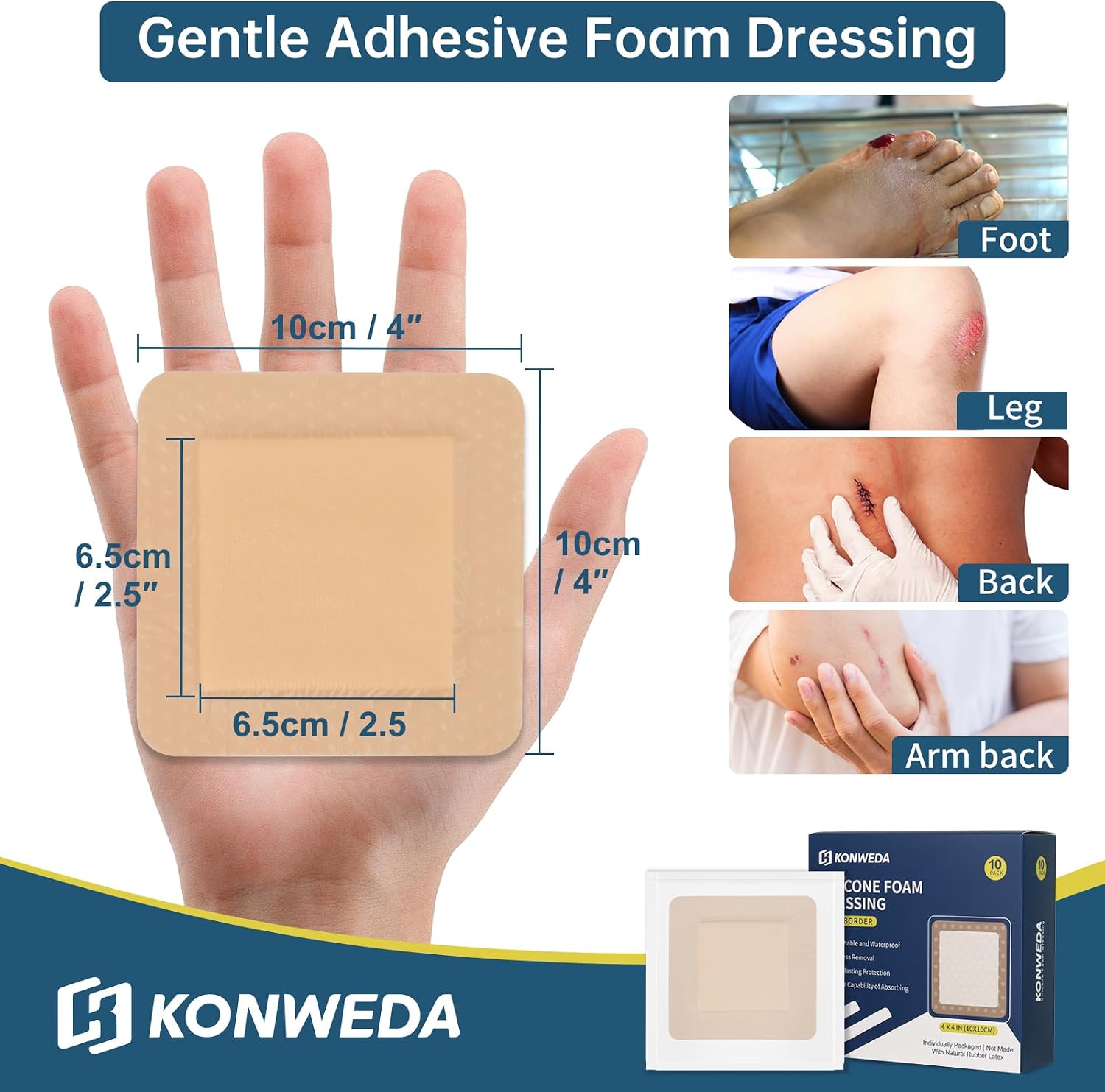 Silicone Foam Dressing with Gentle Border–10 Packs 4"x4" Wound Dressing Bandage–Silicone Foam Pad–Waterproof Square Wound Care Dressing Bandage – Self Adhesive Wound Care and Dressings