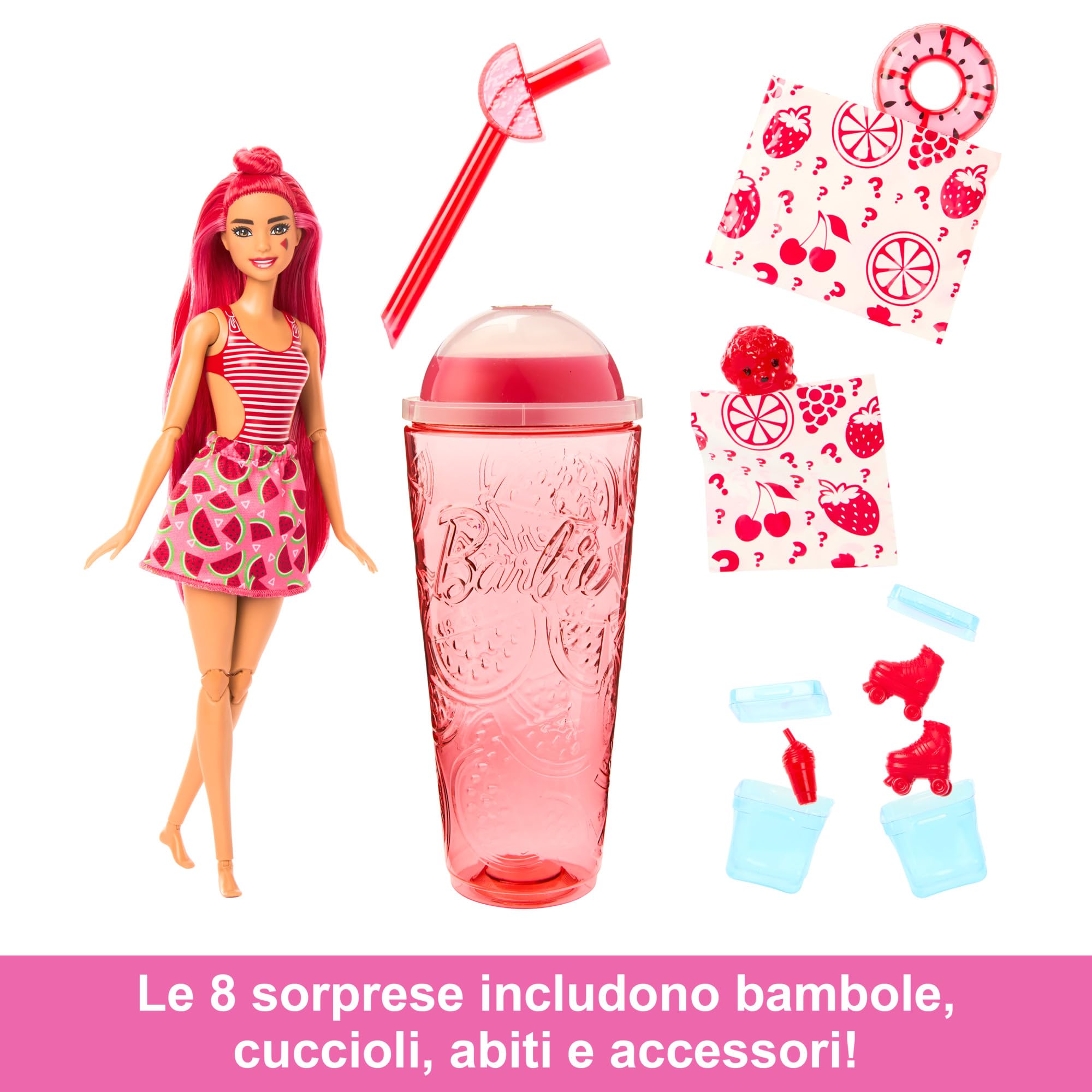 Barbie - Pop Reveal Serie Frutta, Bambola a Tema spremuta di Anguria con 8 sorprese profumate e con Effetto Cambia Colore, Cucciolo e Accessori Slime Inclusi, Giocattolo per Bambini, 3+ Anni, HNW43