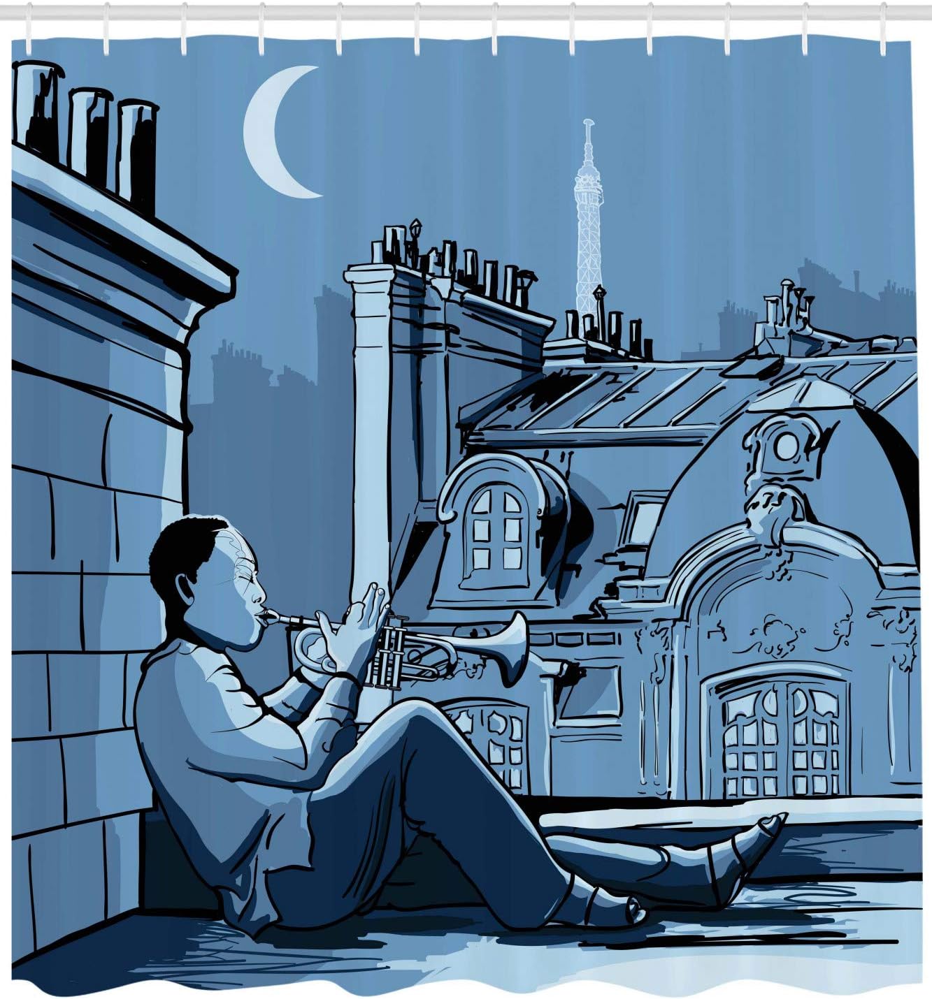 Ambesonne Music Shower Curtain, Trumpet Player on a Roof in Paris at Night Eiffel Moon Europe Illustration Print, Cloth Fabric Bathroom Decor Set with Hooks, 69" W x 70" L, Black Dark Blue