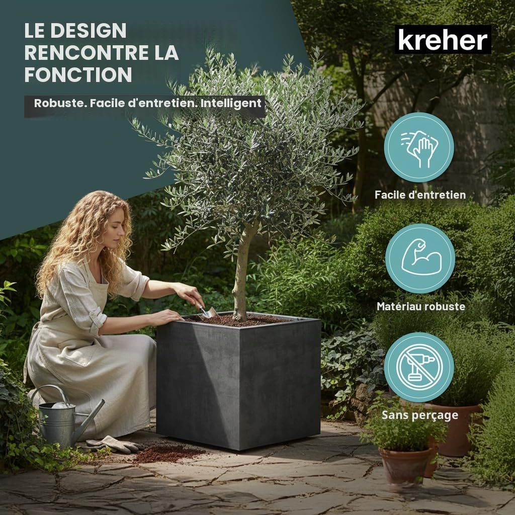Kreher XL Jardinière Millennium en différents formats et couleurs. Magnifique aspect pierre naturelle en brun, beige, anthracite ou gris! En plastique robuste! (80 litres Anthracite)