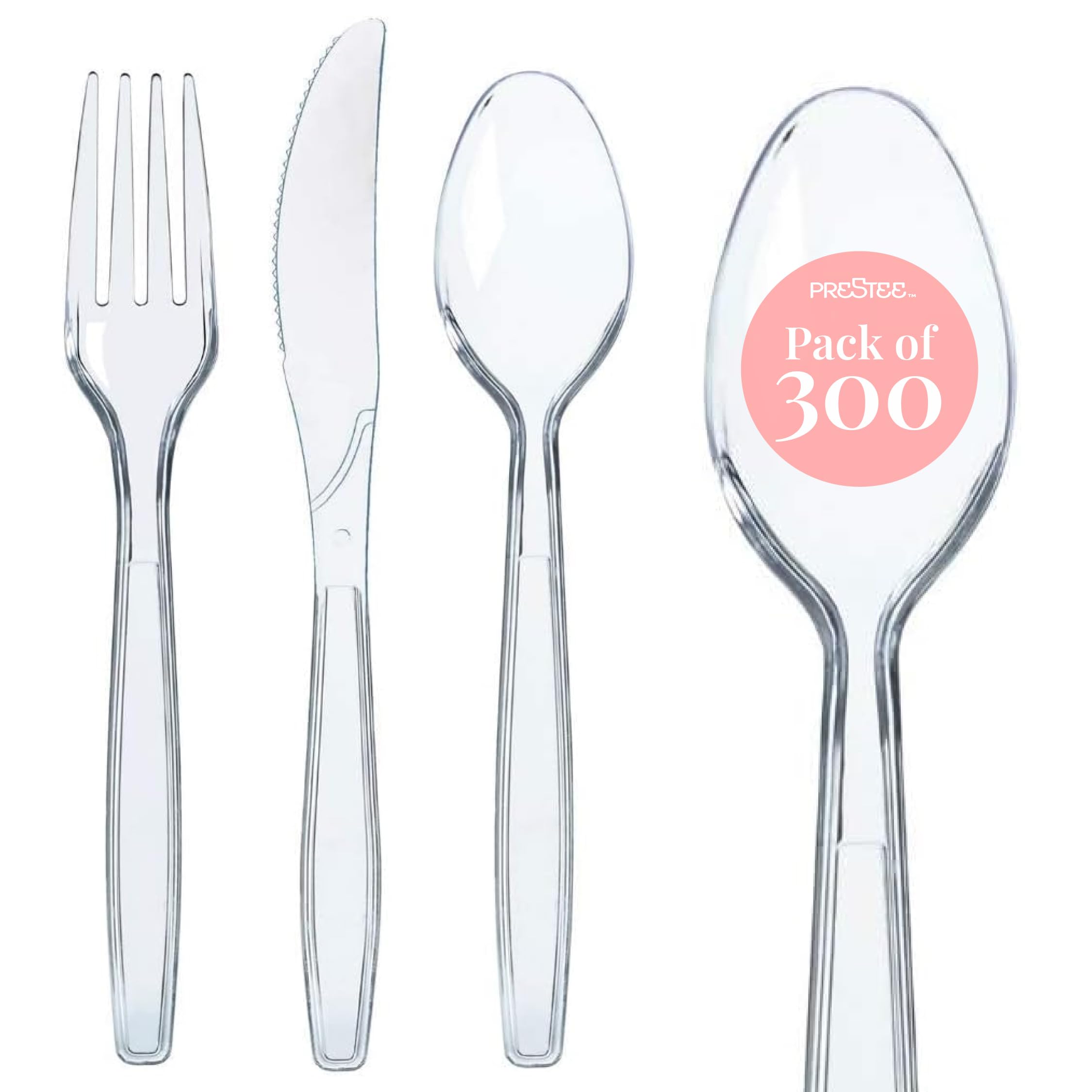 Prestee 600 Clear Plastic Silverware Set | Disposable Plastic Utensils | 300 Plastic Forks 200 Plastic Spoons 100 Plastic Knives | Plastic Cutlery Set | Heavy Duty Bulk Flatware Set
