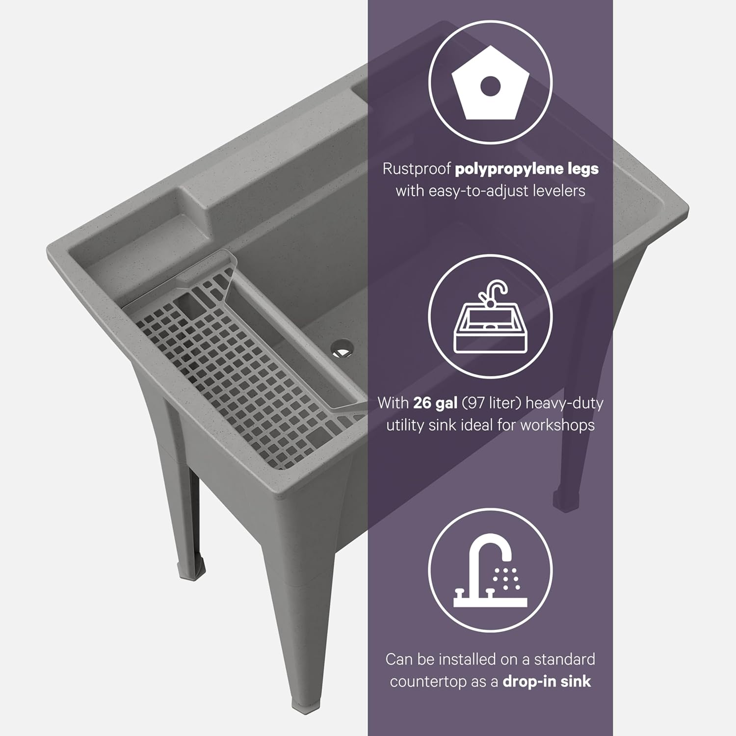Freestanding Utility Sink with Two Handle Chrome Faucet - 32" Plastic Utility Sink for Garage, Laundry, Indoor and Oudoor Use - Laundry Tub Kit by Noah William Home - Grey (25.6 gal)