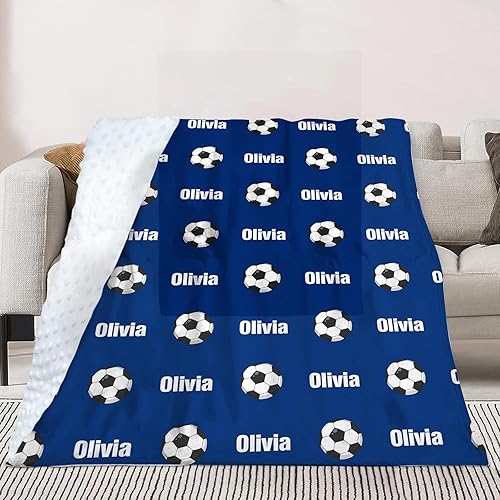 Miniatura 4 de Manta de fútbol personalizada, nombre personalizado con patrones de fútbol, manta de franela de felpa suave con respaldo punteado de doble capa para