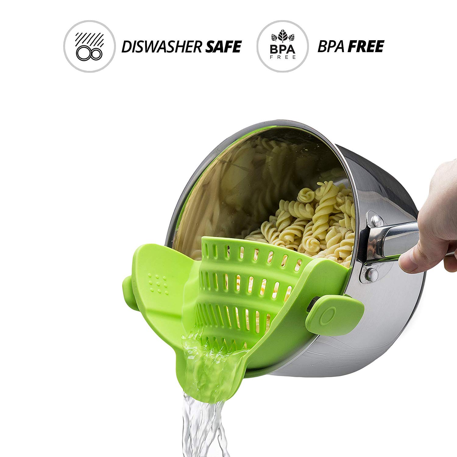 NEXCURIO Snap 'N Strain Strainer, Clip On Silicone Strainer Kitchen Flexible Food Colander Durable Safe for Draining Spaghetti, Pasta, Noodle, Ground Beef Fits Most Pots, Pans, and Bowls (Green)