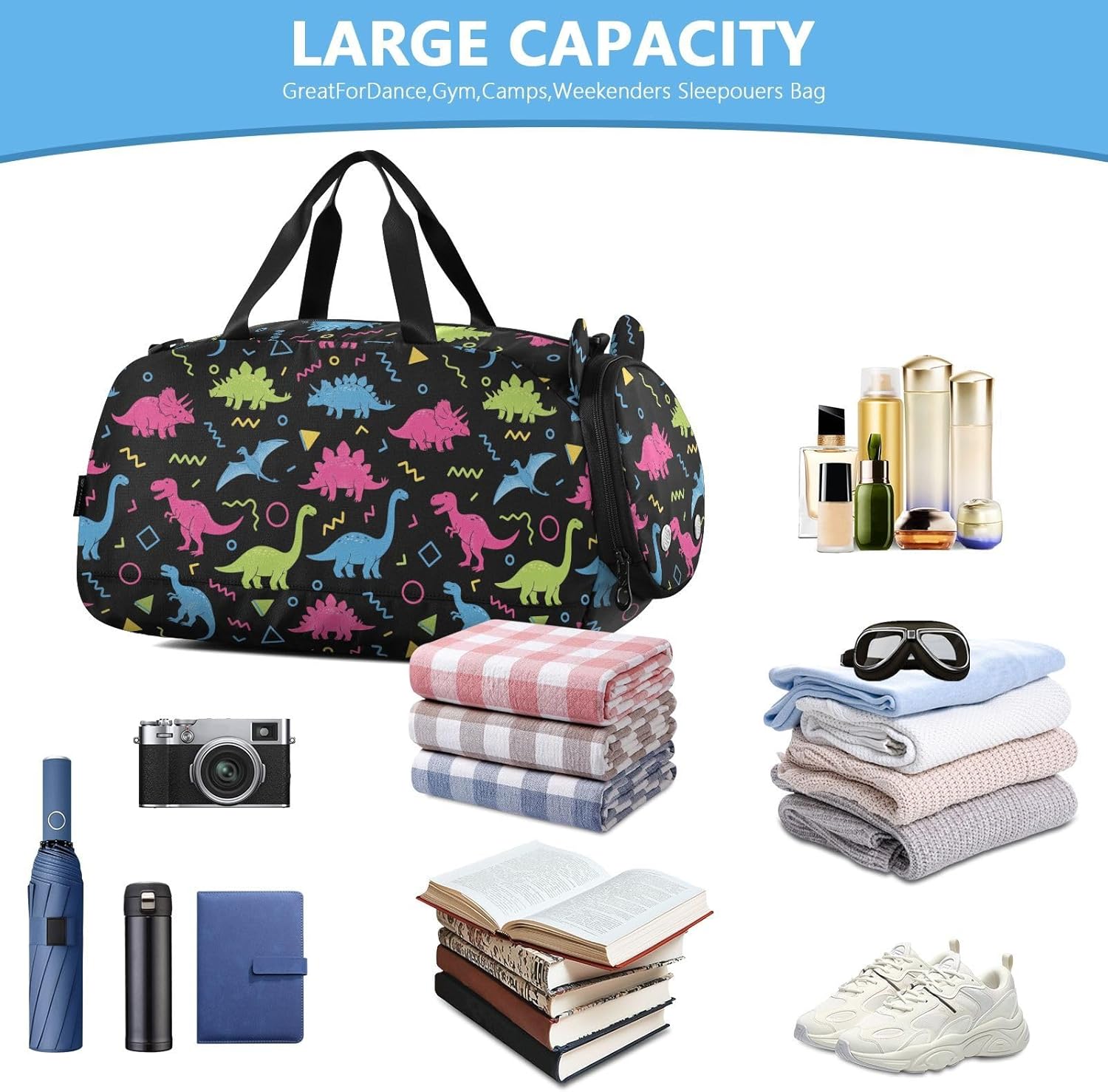 Kids Duffel Travel Bag Boys Girls Dinosaurs Black Print Dance Bag Sport Ballet Gym Overnight Cheer Tote with Shoe Compartment - Image 4