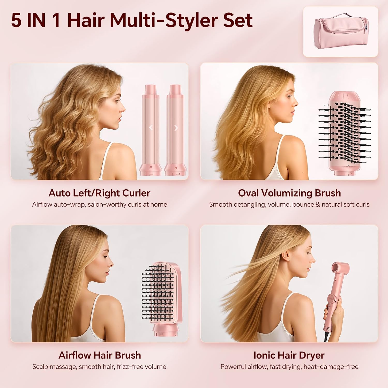 5 in 1 Hot Air Styler Wrap, 110,000 RPM High-Speed Hair Dryer Brush with Negative Ionic, 1300W Fast Drying Blow Dryer & Frizz-Free Styling Curling Volumizing Straightening, Air Styler with Trave Case - Image 2