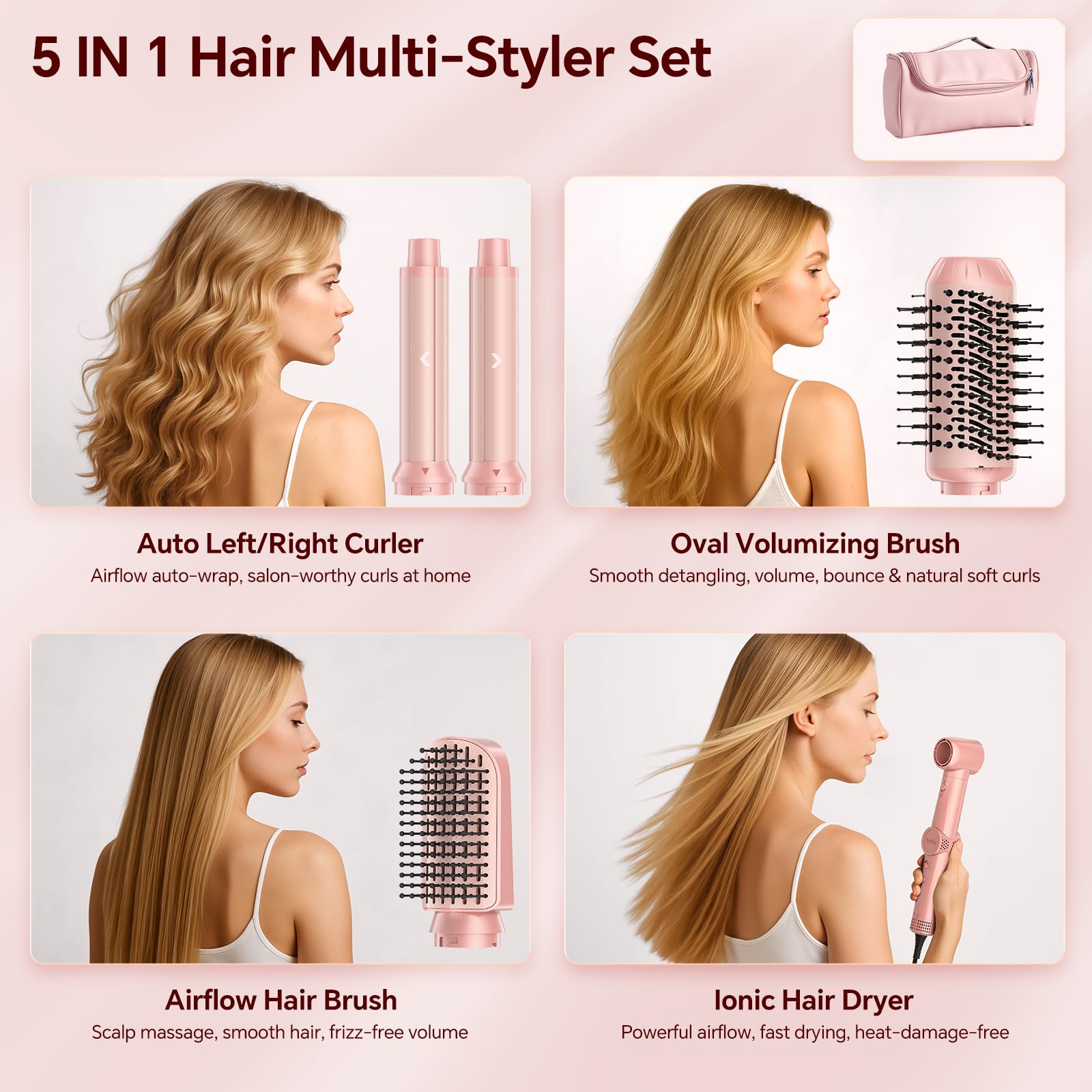 5-in-1 Air Styler Hair Dryer Brush with Auto-Wrap Curlers