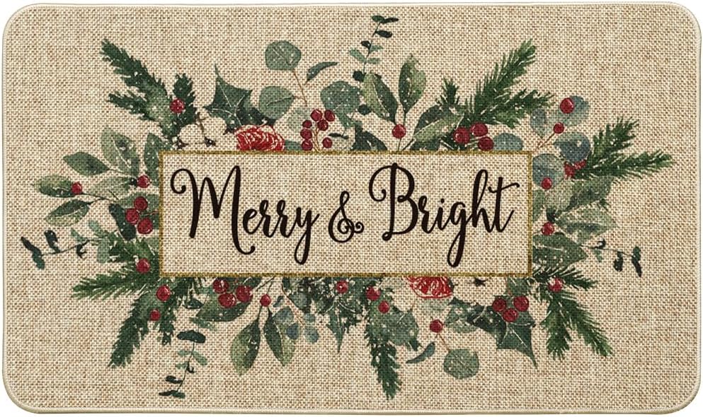 Artoid Mode Merry&Bright Eucalyptus Leaves Holly Christmas Doormat, Winter Xmas Home Decor Low-Profile Switch Rug Door Mat Floor Mat for Indoor Outdoor 24x35 Inch