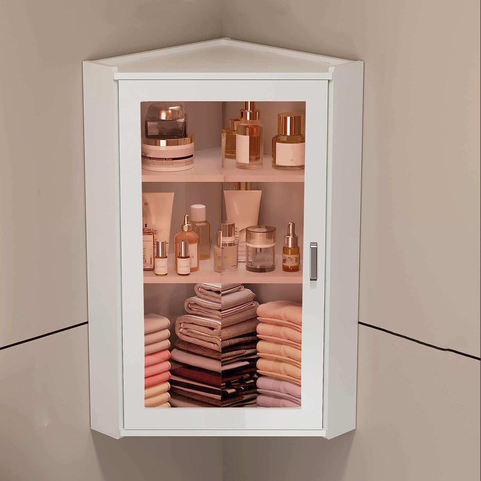 Étagère d'angle de salle de bain avec portes transparentes pour cosmétiques sans poussière