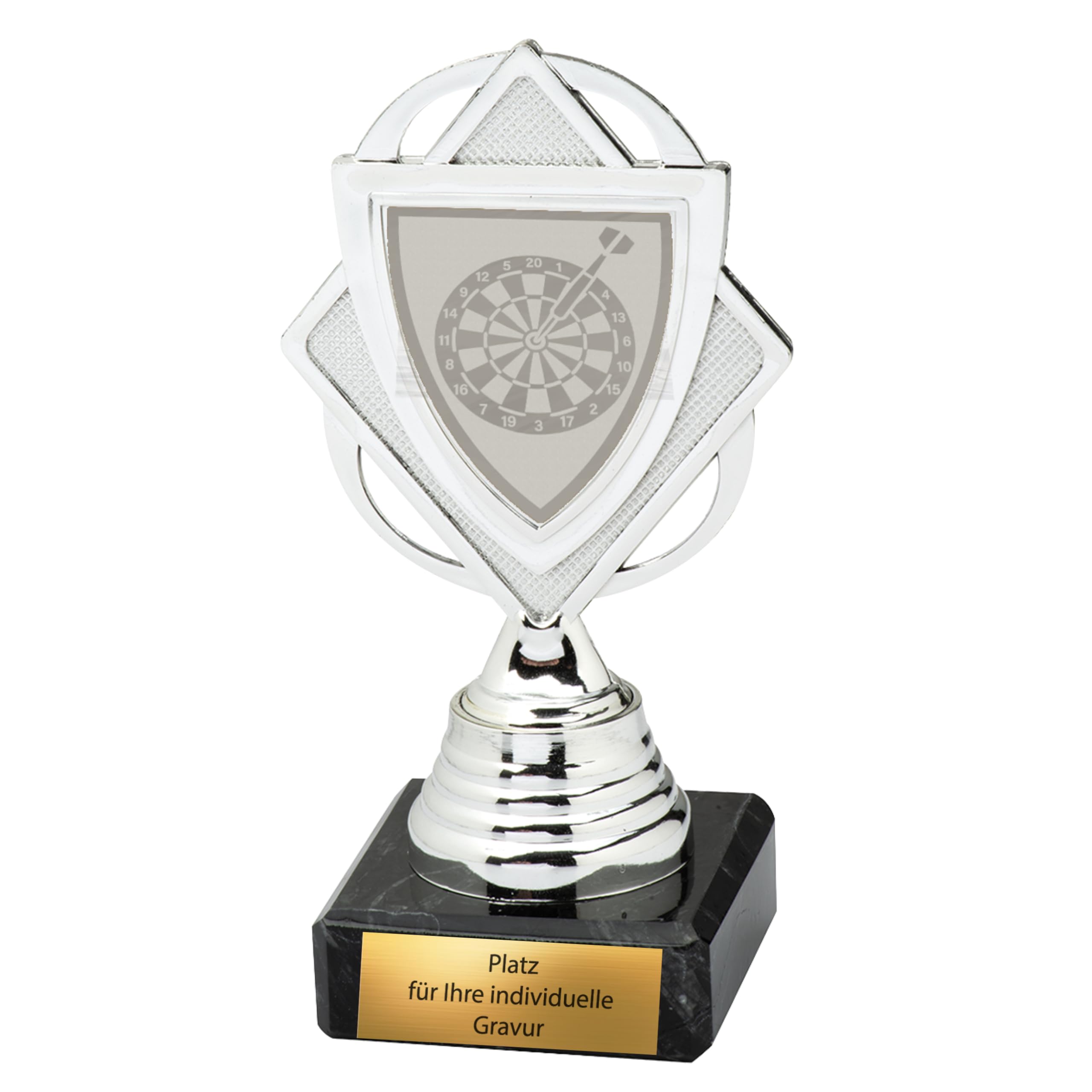 Dart Pokal 13,5 cm mit Marmor-Sockel | Pokalserie in Gold Silber Bronze für Darts-Turnier & Wettbewerb | mit Gravur Trophäe für 1. 2. 3. Platz (3-er Set)