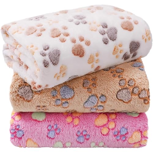 LINENLUX 1 Pack 3 Blankets Super Soft Fluffy Premium Fleece Dog Blankets for Puppy Cat Pet Blanket Flannel Throw Warm Sleep Dog Paw 23x16 inches