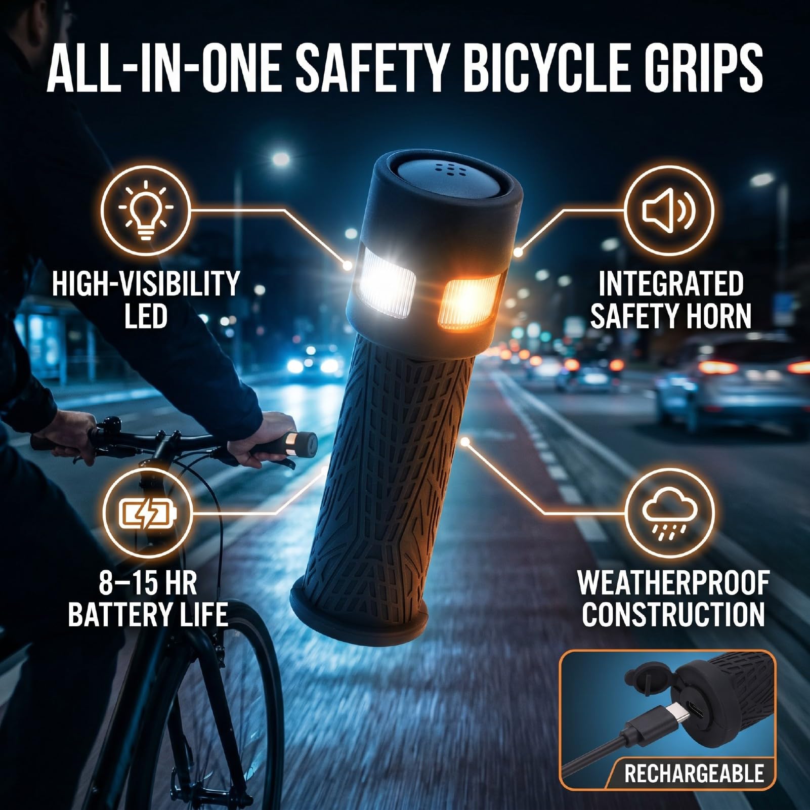 Cryfokt Puños de Manillar de Bicicleta con Luces LED, Señales de de Bocina de Advertencia