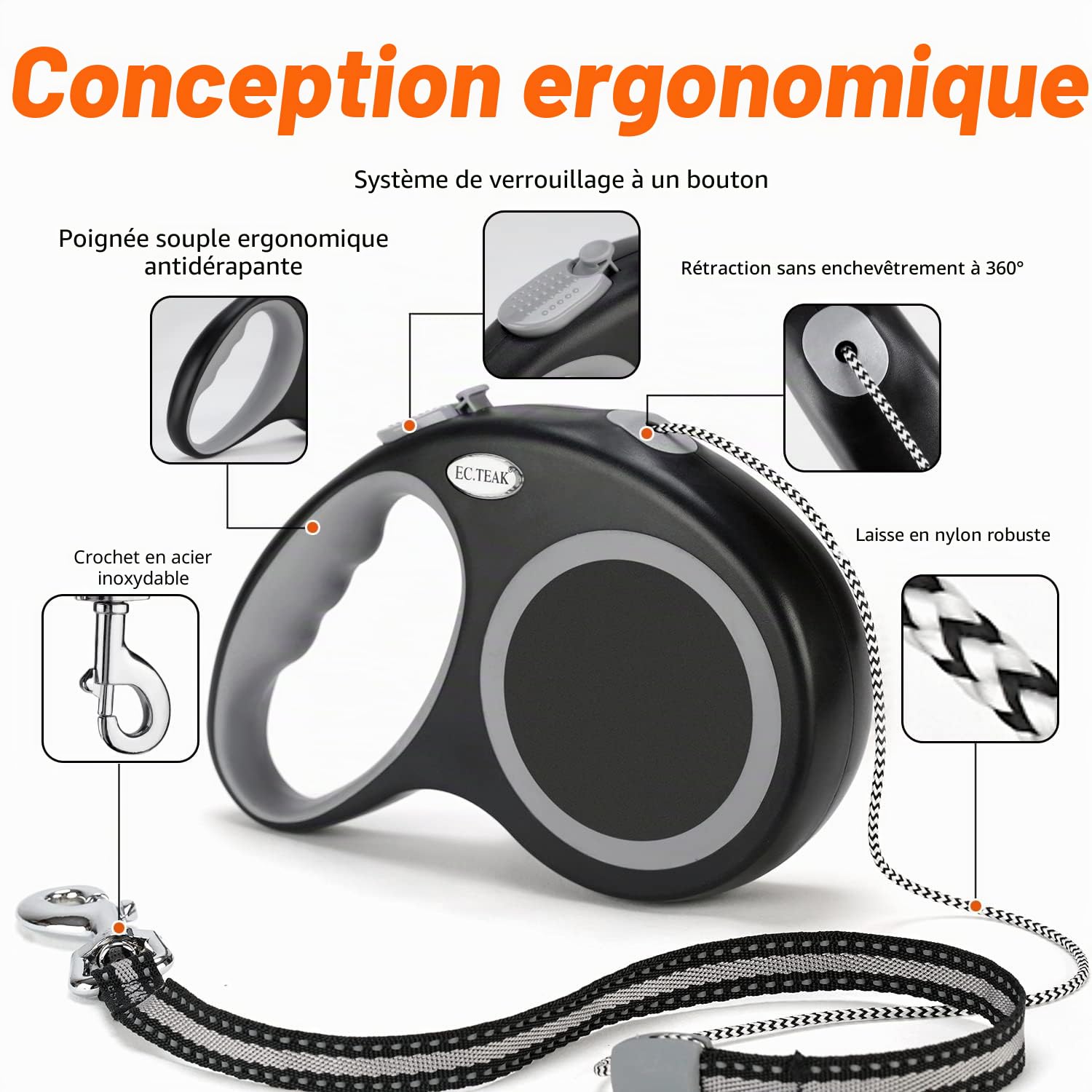 Laisse rétractable pour Chien, 9 m, pour Chiens de Taille Moyenne et Grande pesant Jusqu’à 20 kg, Robuste, ne s’emmêle Pas, Taille L
