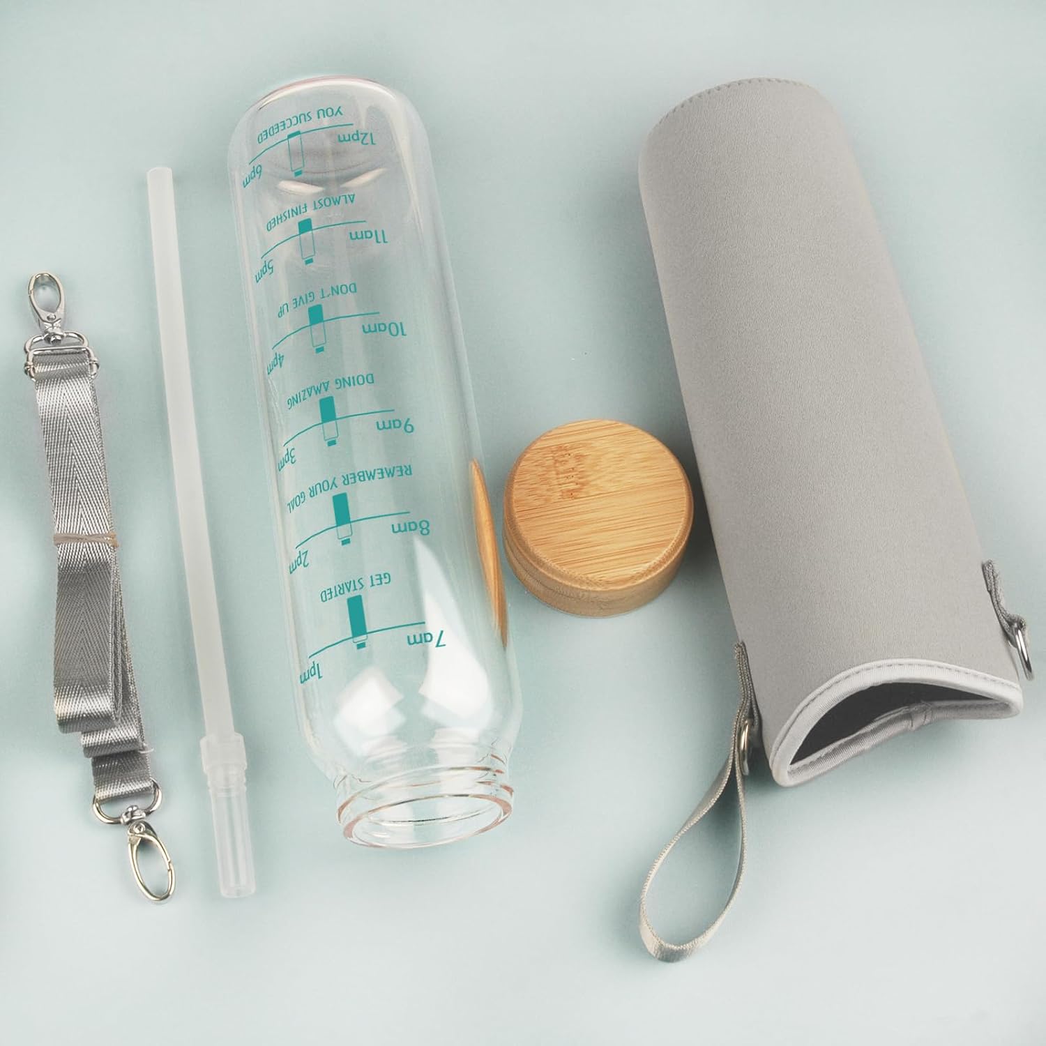 32oz Borosilicate Glass Water Bottle with Straw & Time Marker, Wide Mouth Motivational Water Bottle with Neoprene Sleeve and Bamboo Lid