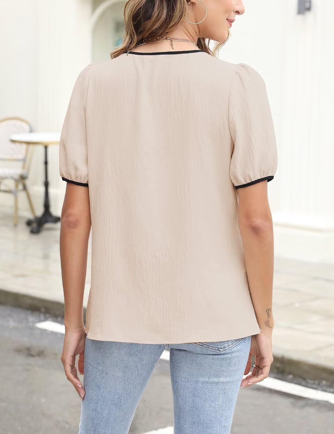 CiCiBird Womens Dressy Casual Shirt Summer Work Blouses Tie Front Puff Short Sleeve Tops - Image 2