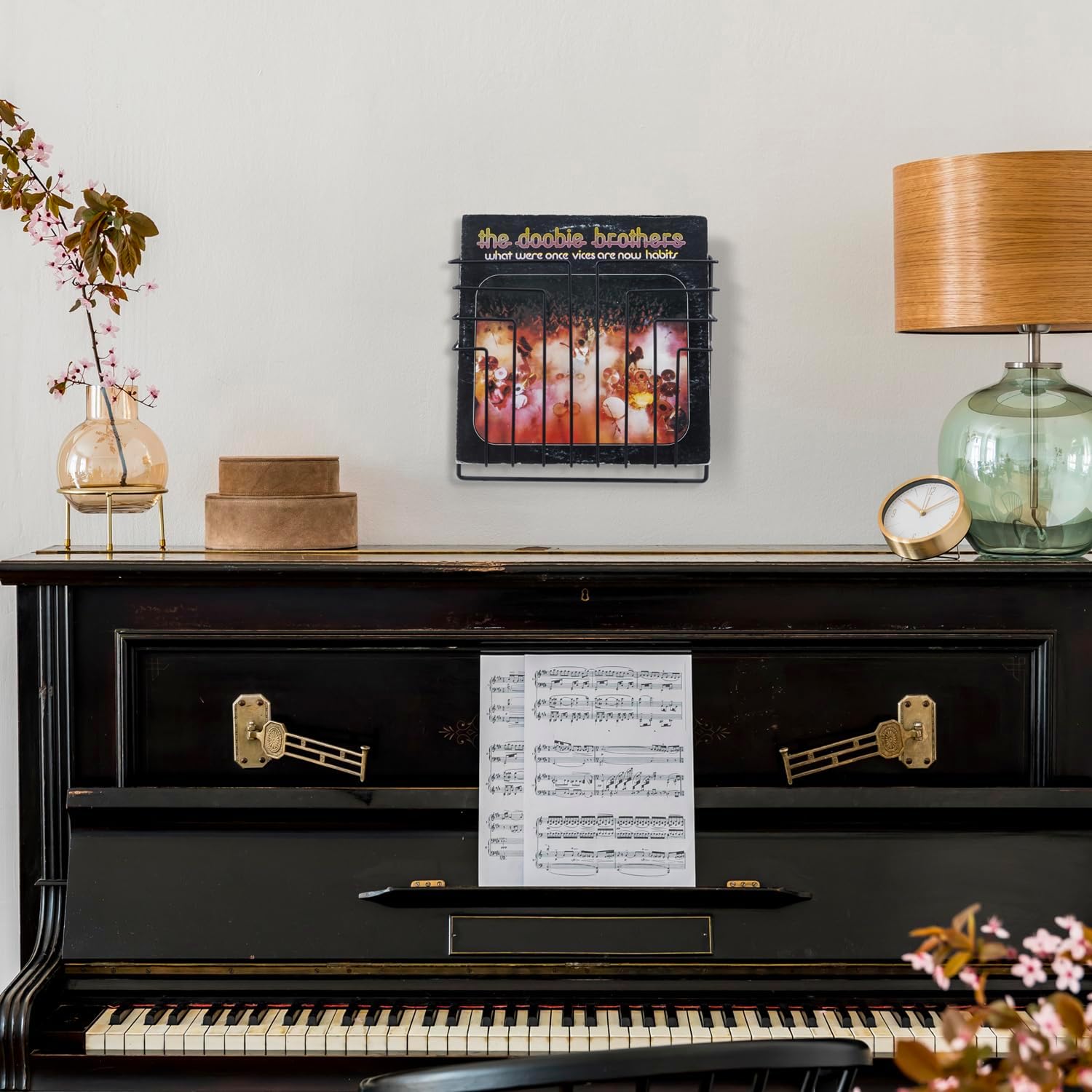 MyGift Wall Mounted Black Metal Wire Vinyl Records Storage Basket, Modern Geometric Design Hanging LP Record Holder Rack, Floating Retro Music Album Cover Shelf