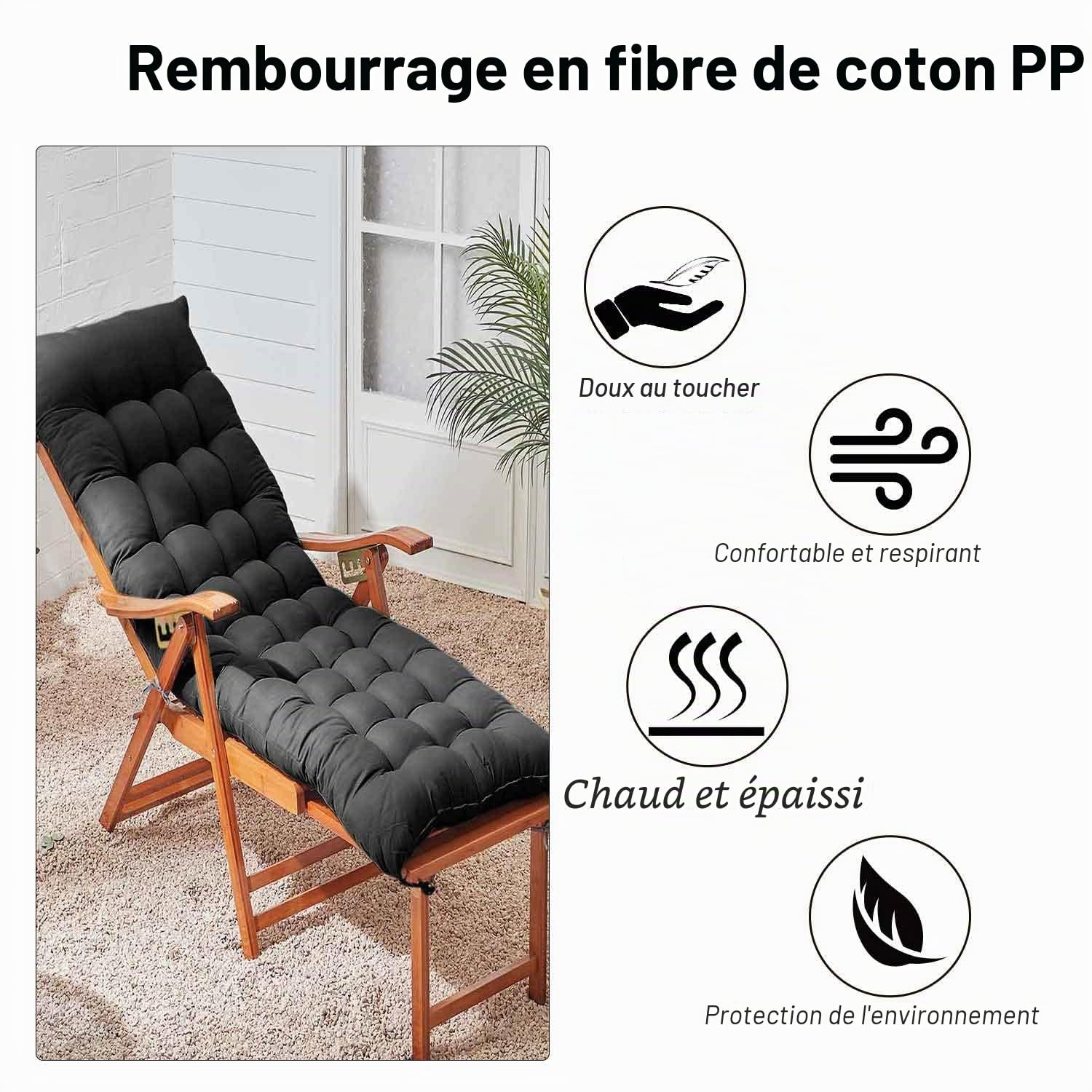 Warmiehomy Coussin épais pour chaise longue jardin, Coussin de rechange antidérapant pour extérieur, noir, 160x50x8 cm