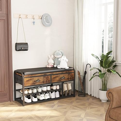 Miniatura 10 de Homeiju Banco de entrada de 3 niveles, banco de almacenamiento de zapatos con asientos y cajones acolchados, banco de metal de 35.5 pulgadas, color
