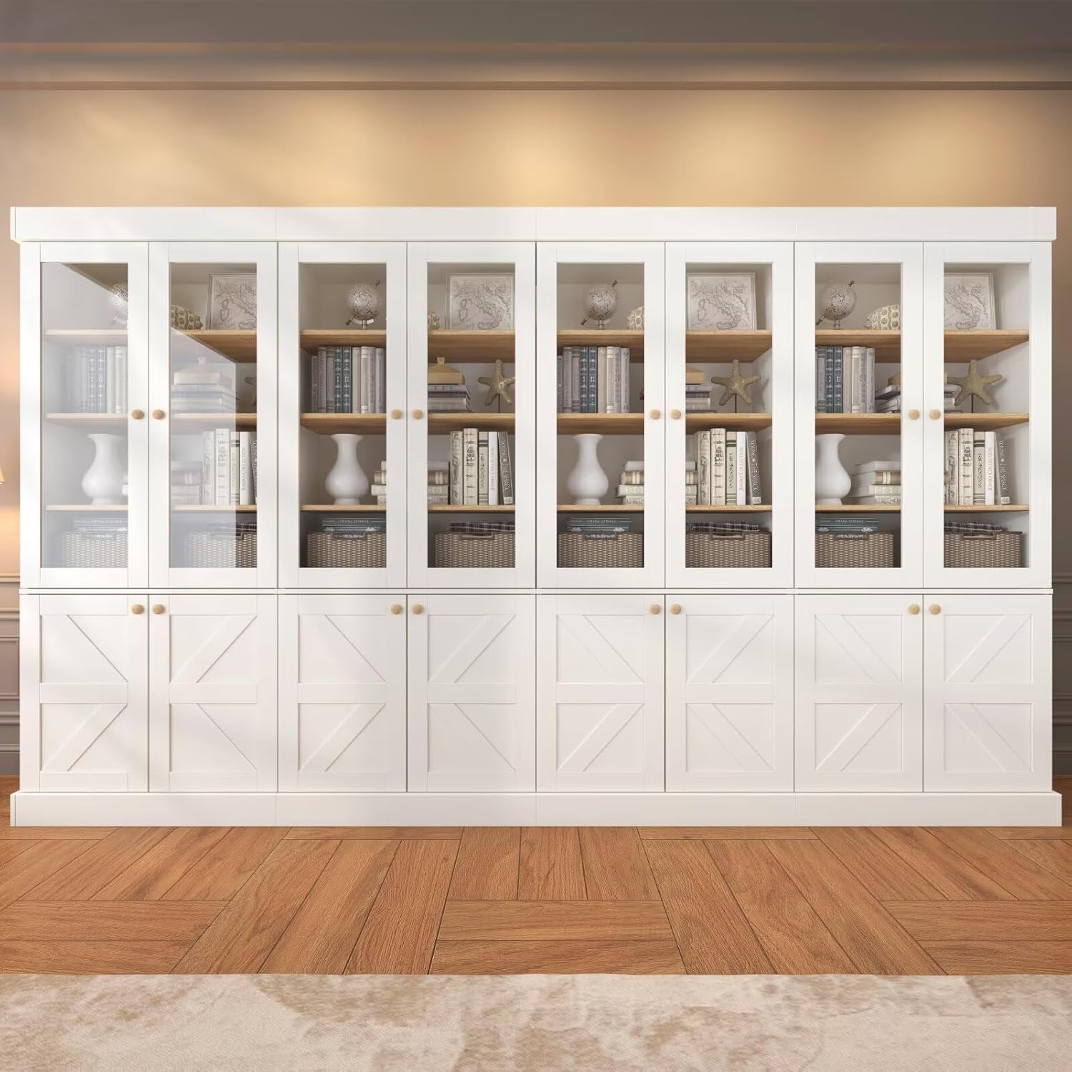 Vyre 71" Tall Farmhouse Kitchen Pantry, Rustic White Storage Cabinet with Glass Doors & Adjustable Shelves, Large Versatile Wood Hutch for Living Room & Dining Room, 4 Pcs