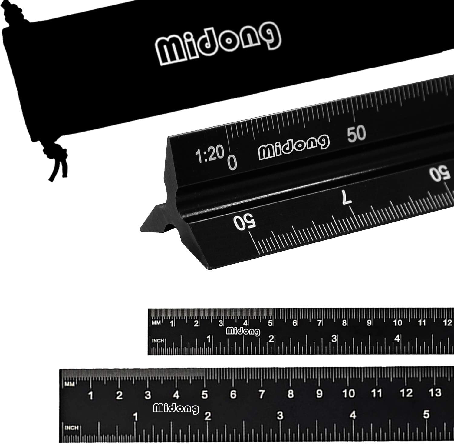 Metal Scale Ruler Architect, Midong Aluminum Steel Engineer Triangular Scale Ruler Metric 1:20,1:25,1:50,1:75,1:100,1:125 (30cm and 15cm Black Ruler Set)