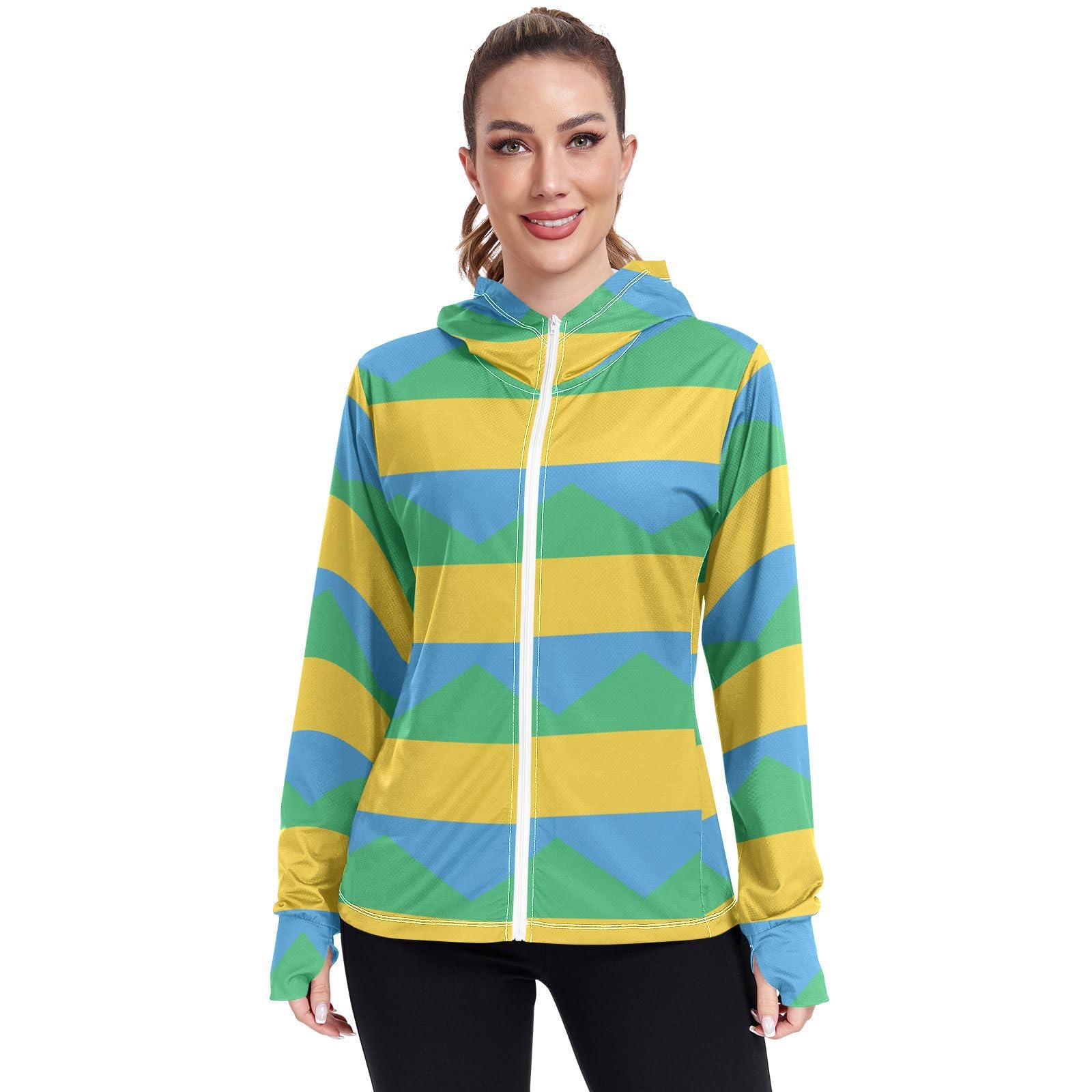 Gabon Flag Women's UPF 50+ Sun Protection Hoodie Jacket Lightweight Long Sleeve Sun Shirt with Pocket Multicoloured