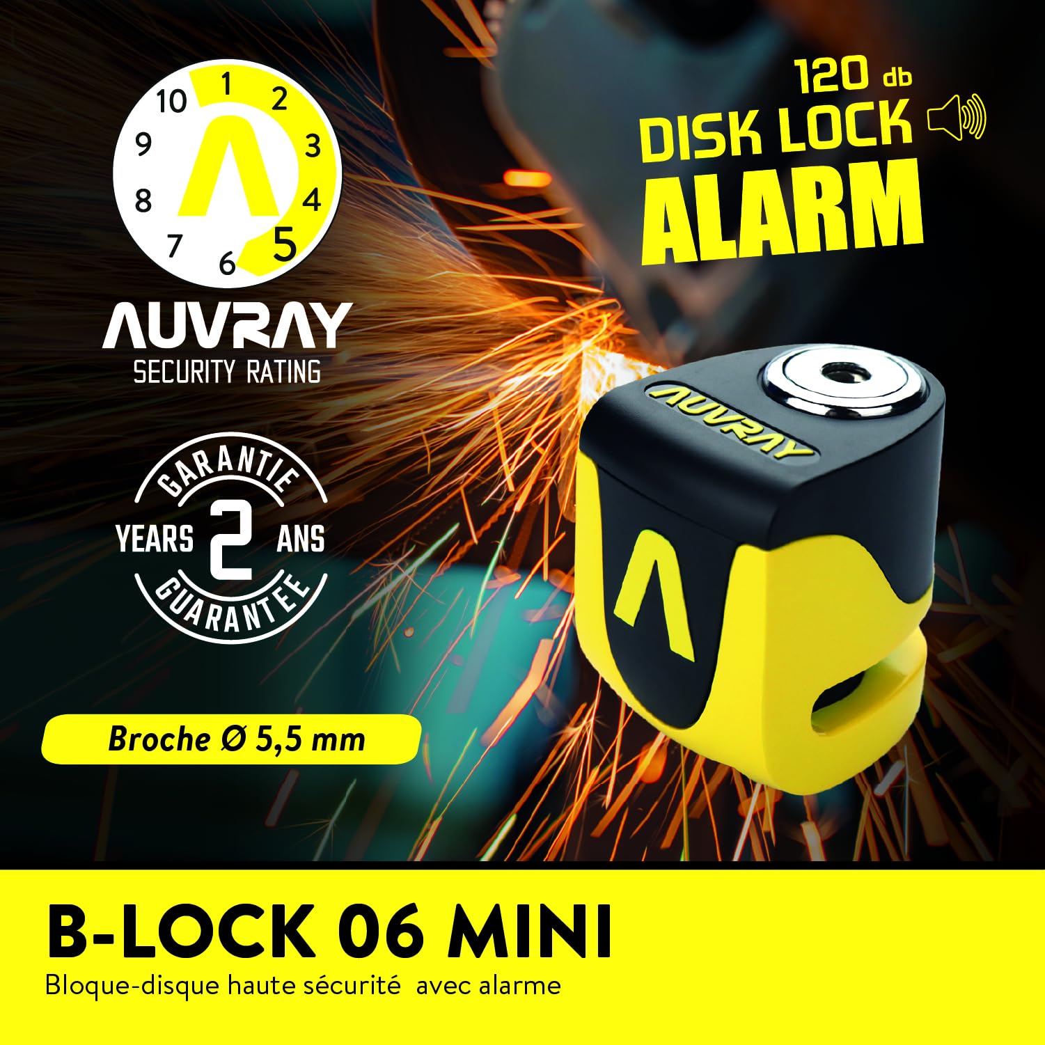 AUVRAY Bloque Disque Moto Alarme 120 dB B-LOCK 06 Mini – Antivol Scooter Compact – Acier Inoxydable – Cylindre 7 Disques Anti Crochetage – Recharge USB-C – 3 Clés
