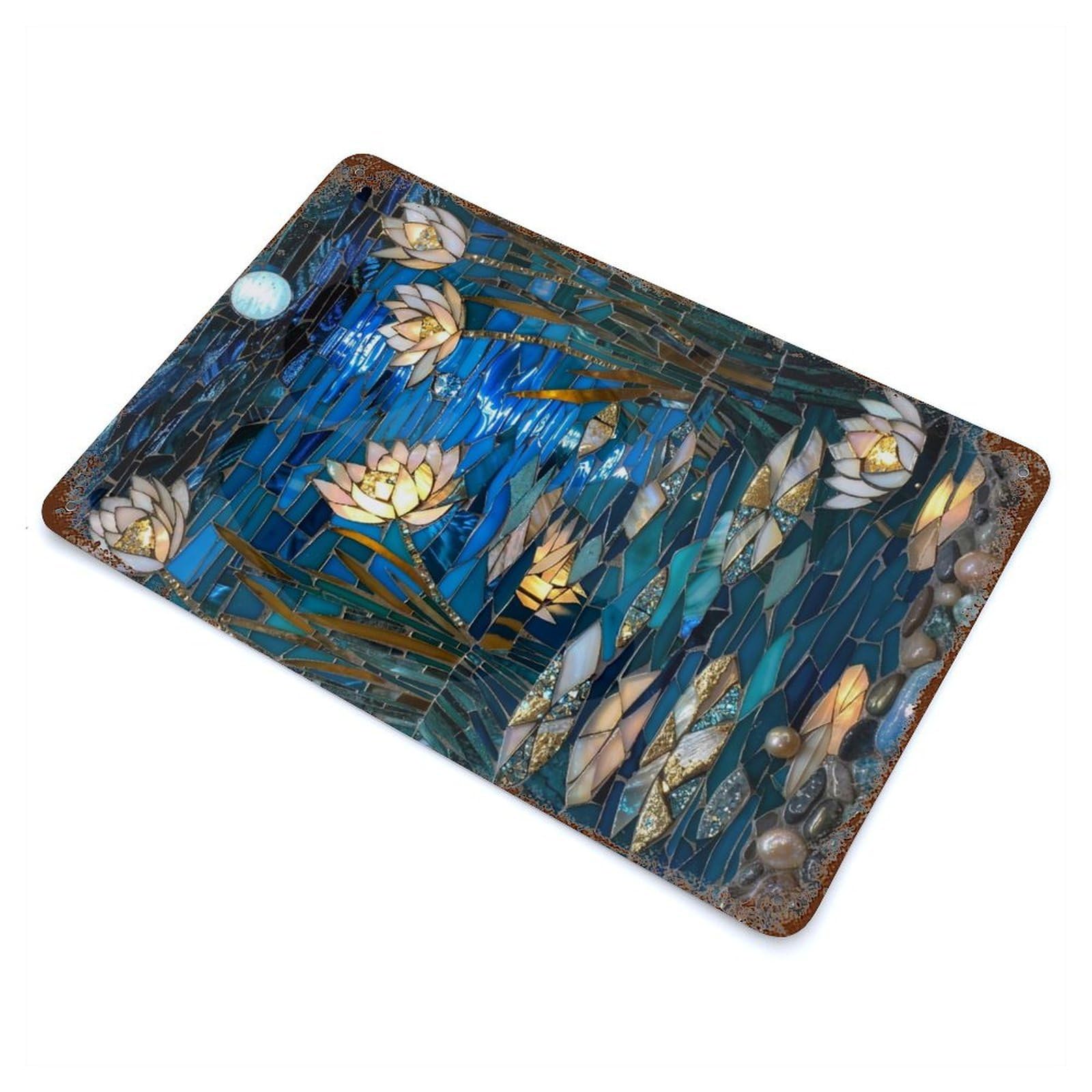Moonlit Lotus Pond Mosaic 11.8"x7.9" Decorative Tin Sign, Classic Wall Plaque for Cafe, Home Bar And Lounge Decor