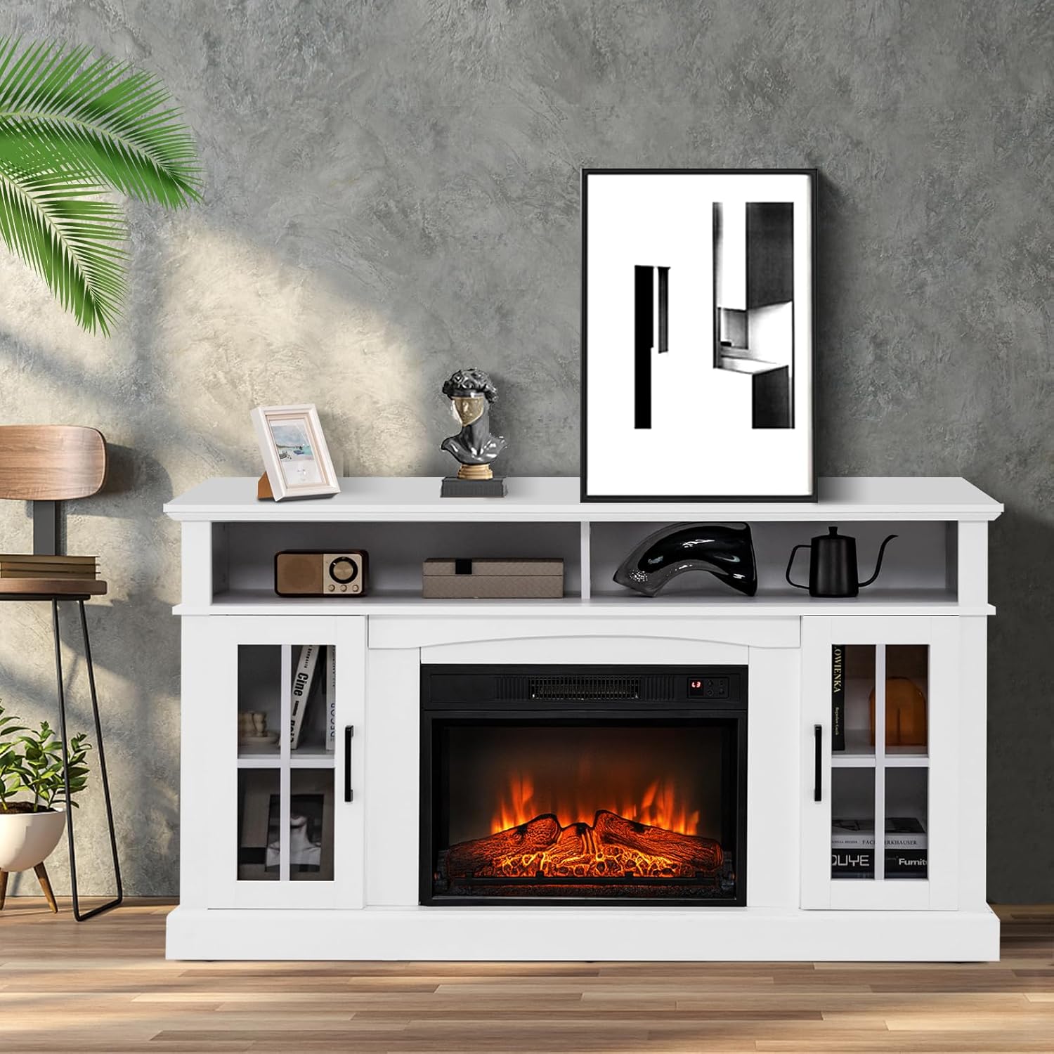 COSTWAY Electric Fireplace TV Stand for TVs Up to 65 Inches, 1400W Heater Insert with Remote Control, 6H Timer, 3-Level Flame, Overheat Protection and CSA Certification, Adjustable Shelves, White