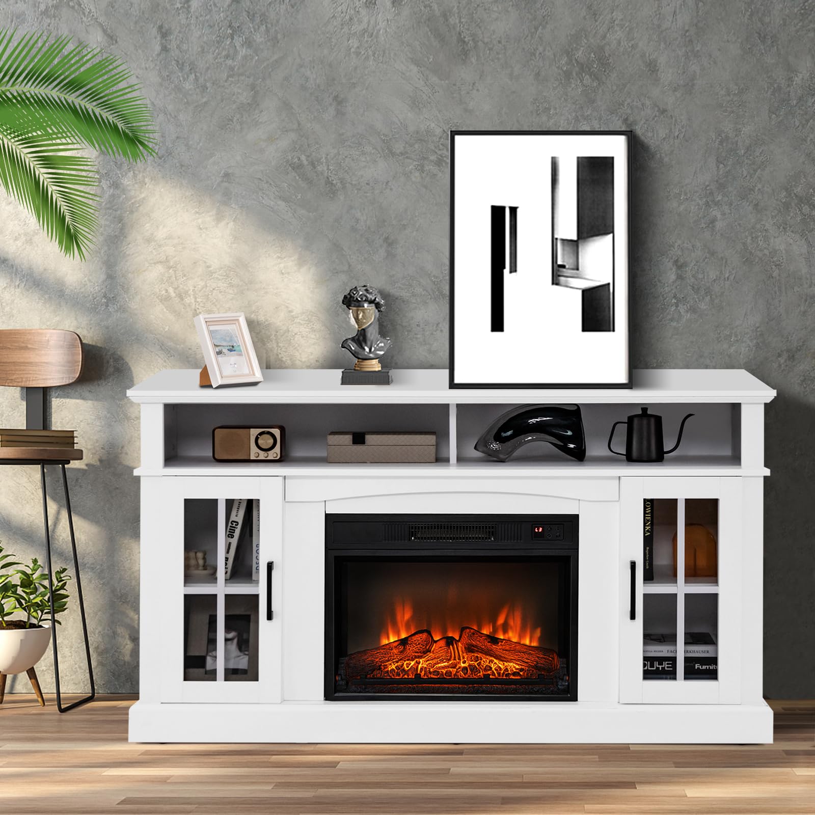 RELAX4LIFE 59" Electric Fireplace TV Stand - Farmhouse Media Console With 3-Sided Glass Heater, LED Lights, For TVs Up To 68"