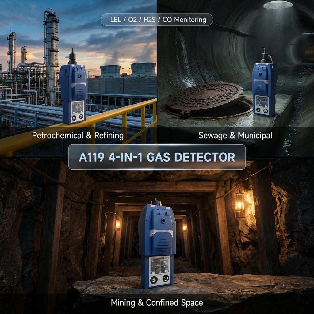 Portable Gas Detector,4 Gas Monitor for O2 H2S CO,LEL,Pump Suction&Diffusion,2" Color Screen,Triple Alarm, Smart Gas Leak Detector for Industrial Confined Space