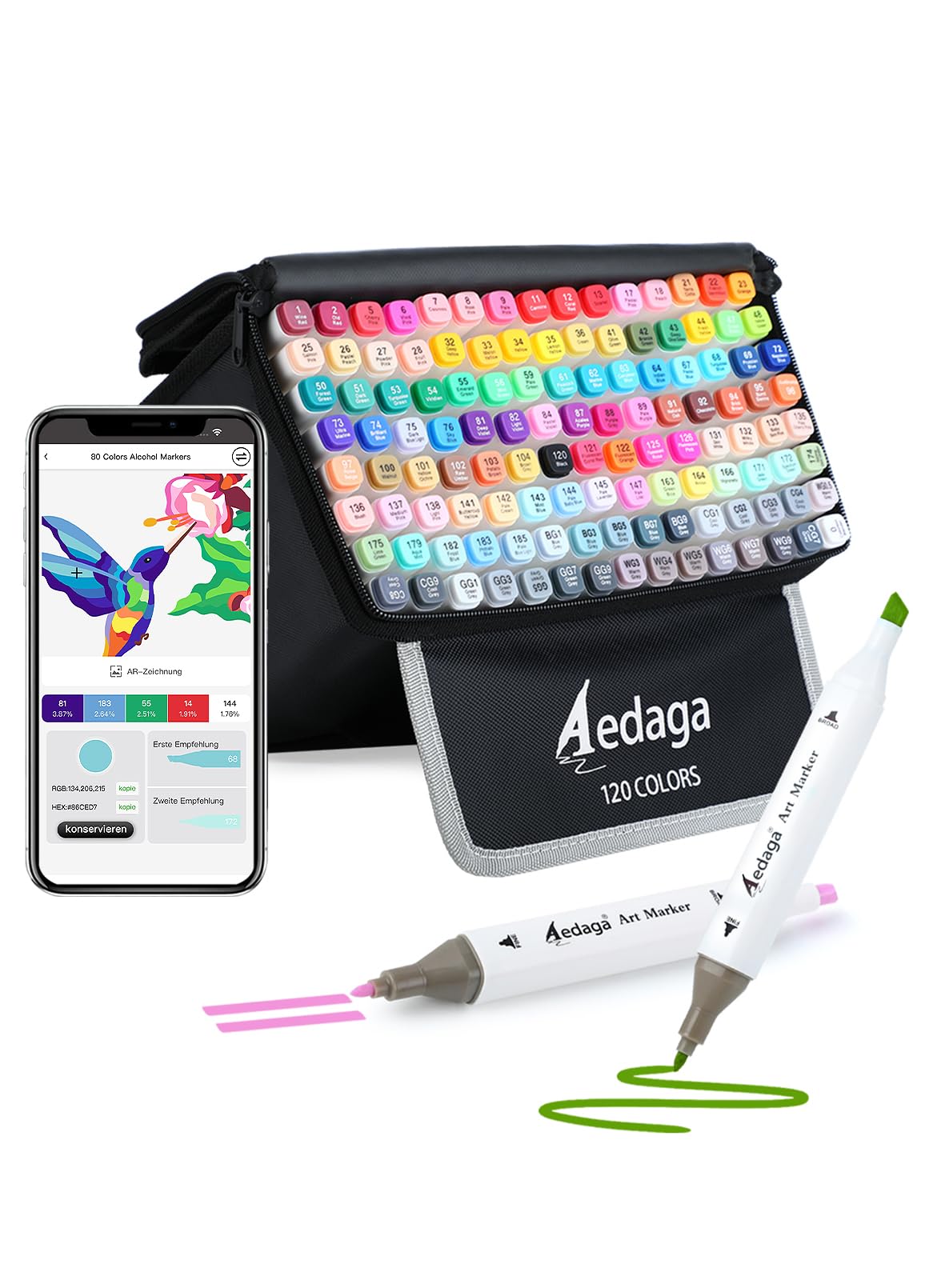 HornedDragon Alkohol Marker mit App, Alkohol Stifte Doppelspitze mit Ständer-Etui für Malen, Skizzieren & Zeichnen, Alcohol Marker für Erwachsene & Kinder