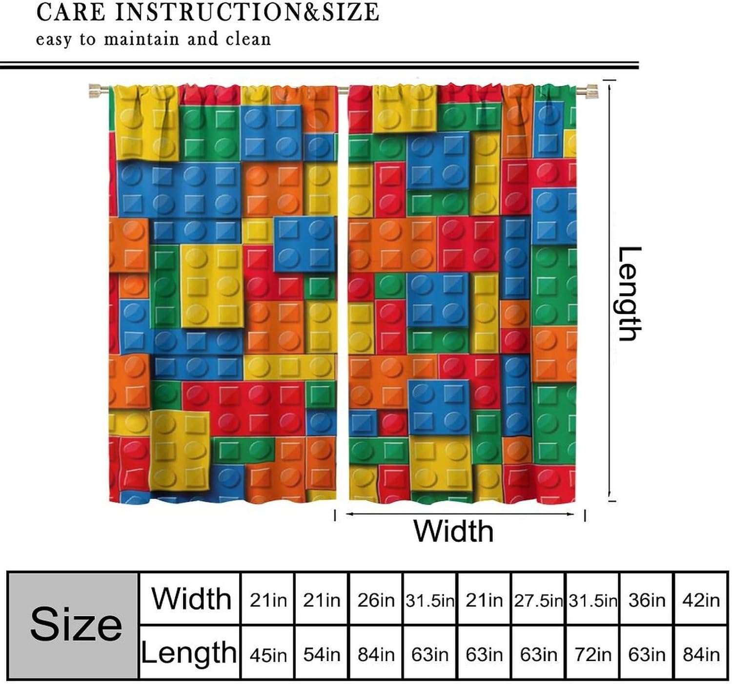 Kids Building Block Toy Curtains Nursery Abstract Colorful Toy Brick Geometric Print Pattern Window Drapes for Boys Girls Bedroom Playroom 2 Panels W42 x L45 Inch Decor image 3