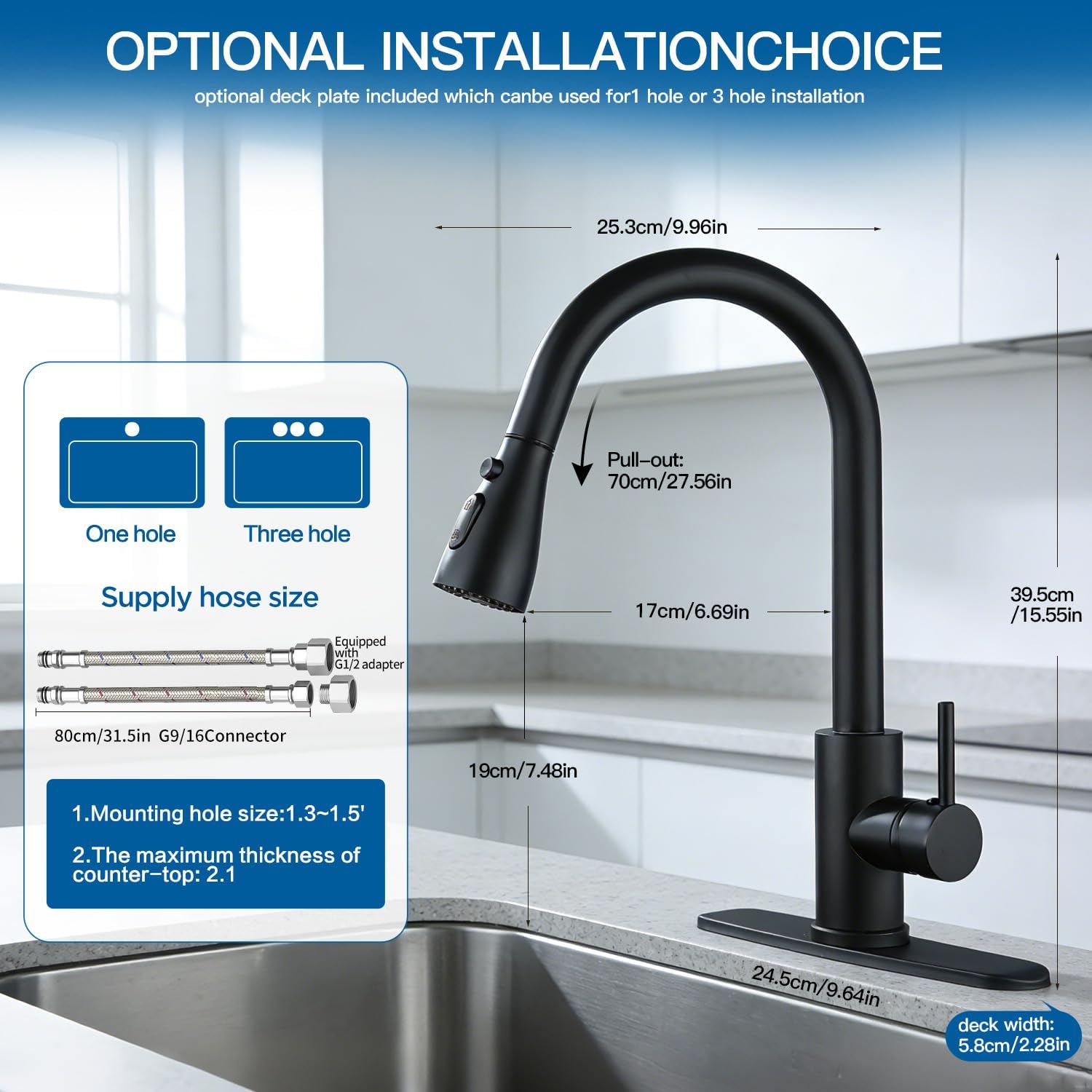 Kitchen Faucet with Pull Down Sprayer，Black Kitchen Sink Faucet，High Arc Single Handle Classic Stainless Steel Sink Faucet，1 or 3 Hole,Suitable for Farmhouse Camper Laundry Rv Bar