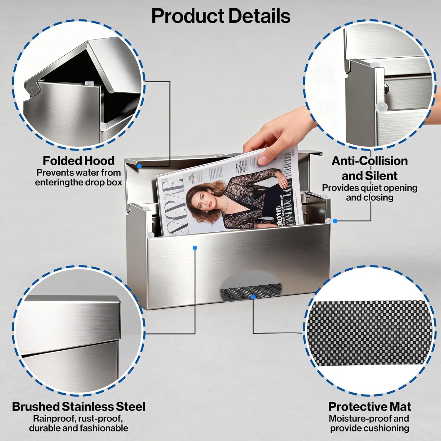 Pochar Rainproof Stainless Steel Mailbox for Walls, Heavy Duty Wall Mounted Mailbox - 14.75'' x 3.75'' x 7'' Rust Proof Steel Dropbox with Rainproof Design(Silver)