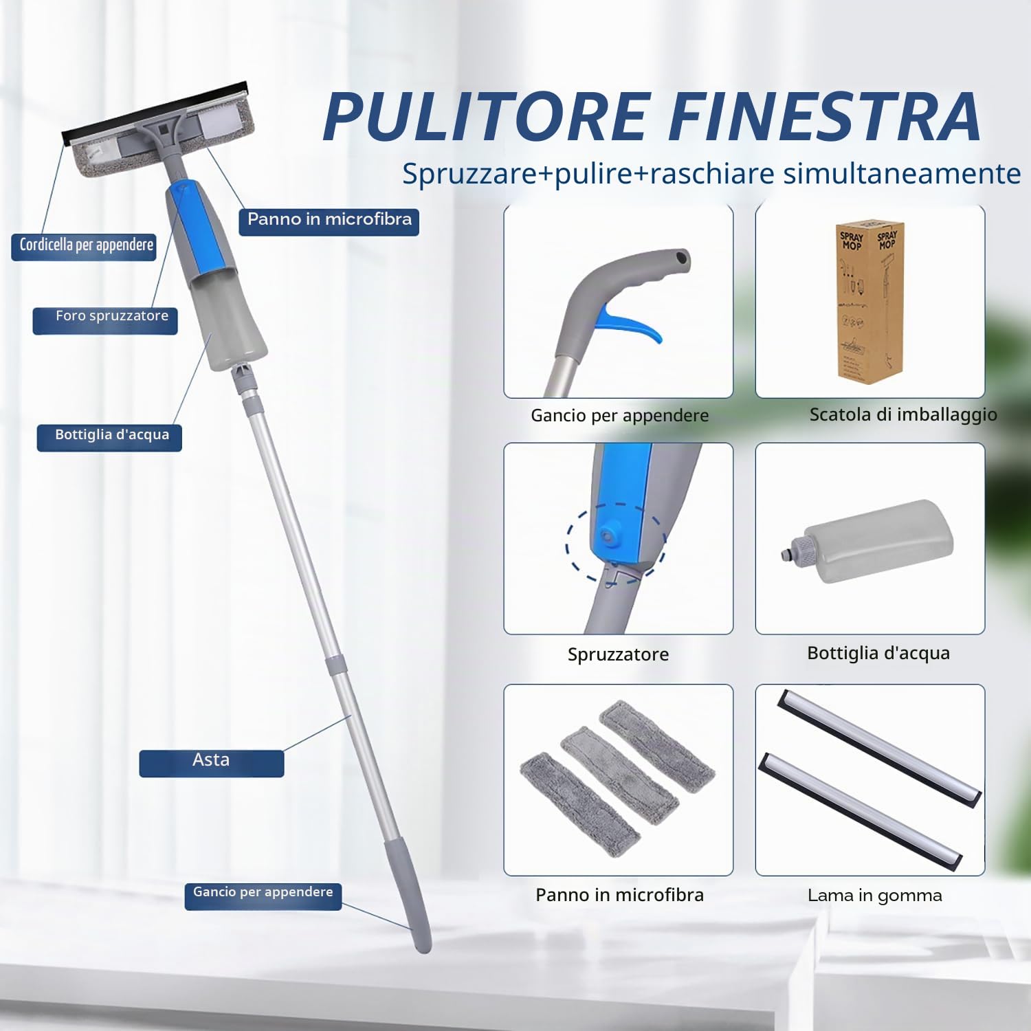 Spazzola Lavavetri con Spray, Kit di Pulizia 3 in 1 con Asta di Prolunga, Lavavetri Professionale da 190 cm con 3 Panni in Microfibra, Strumenti per la Pulizia dei Vetri per Interni ed Esterni