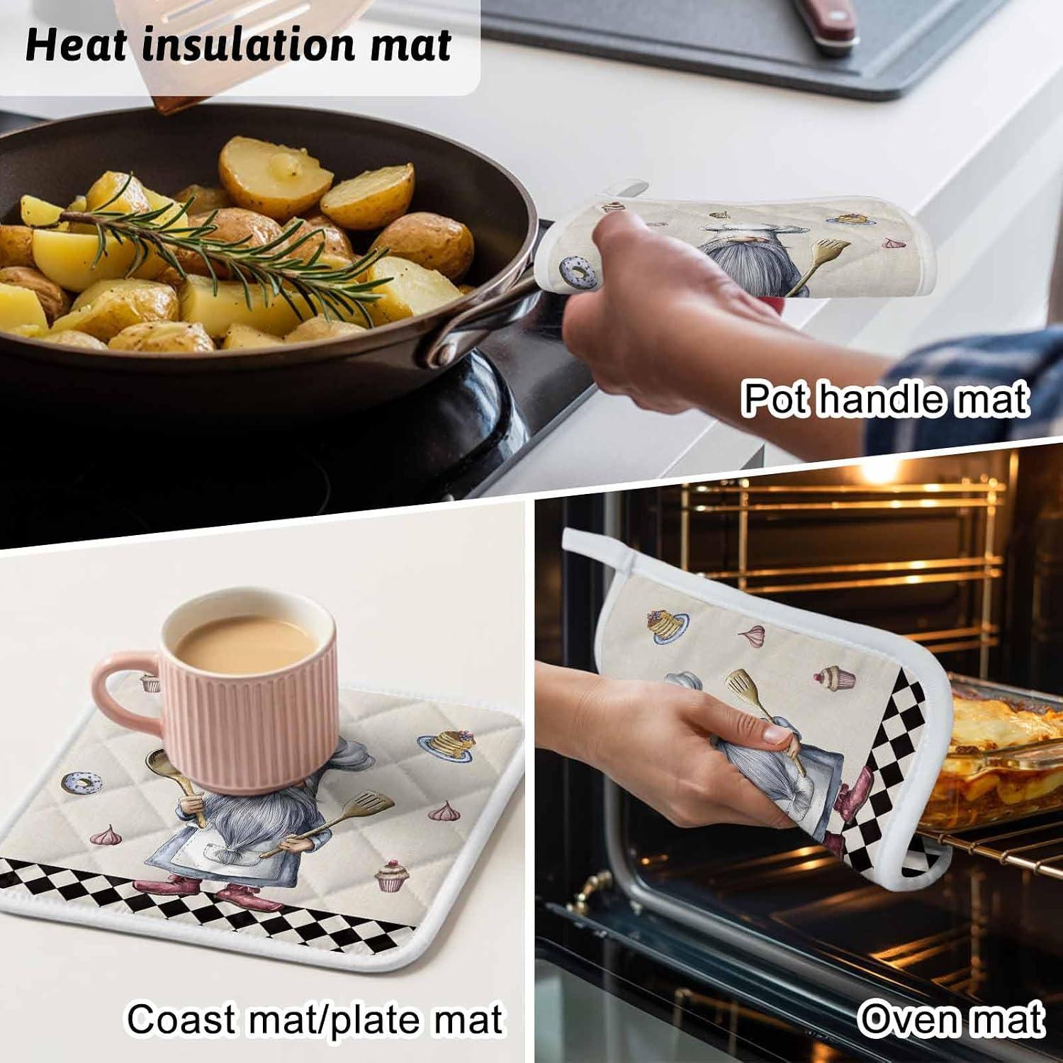 Black White Vintage Gnomes Pot Holders for Kitchen Heatproof Potholder, 5 Pack Checkered Retro Art Rustic Hot Pads Multipurpose Oven Pads Cloth Potholders Trivet for Cooking Baking