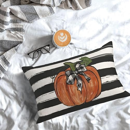 Miniatura 3 de Juego de 2 fundas de almohada de otoño de 12 x 20 pulgadas, diseño de calabaza con rayas negras en acuarela para sofá, cosecha de otoño, interiores