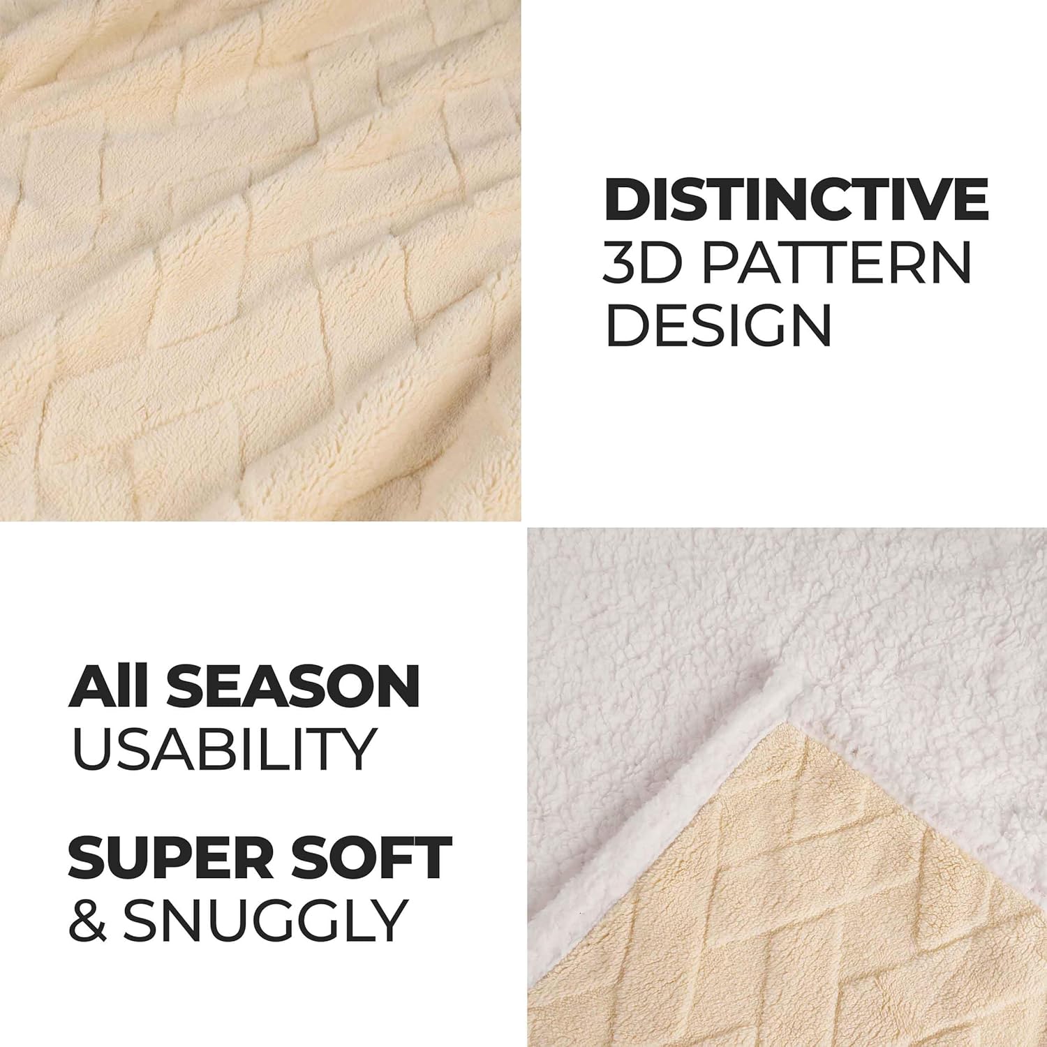 Superior Fleece Reversible Lattice Blanket, Decorative Blankets for Bedroom, Sofa, Fuzzy, Plush, Fluffy, Soft, Cute Room Decor, Beautiful Cover, Comfort Essentials, Nuuk Collection, King, Cream
