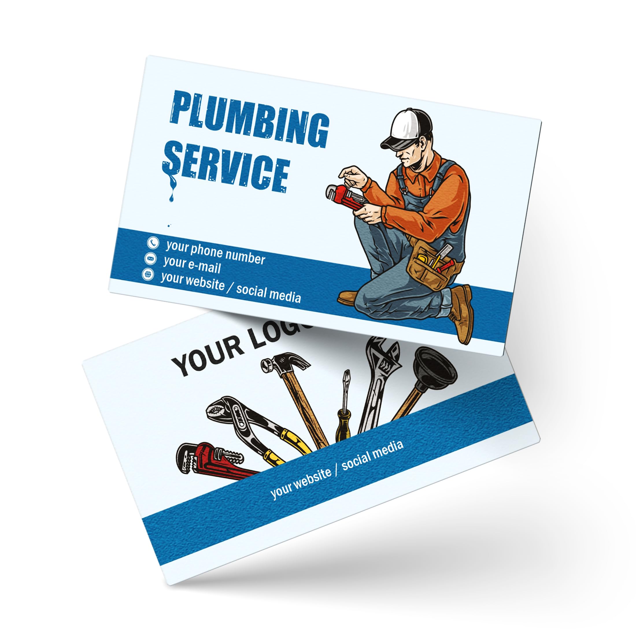 lepni.me Custom Plumber Business Cards with Your Name, Phone, Email, Social Media Personalized Blue Plumber Illustration Business Cards for Plumbing Service Gloss Mat, Simple or Laminated, All PCS โ image 1
