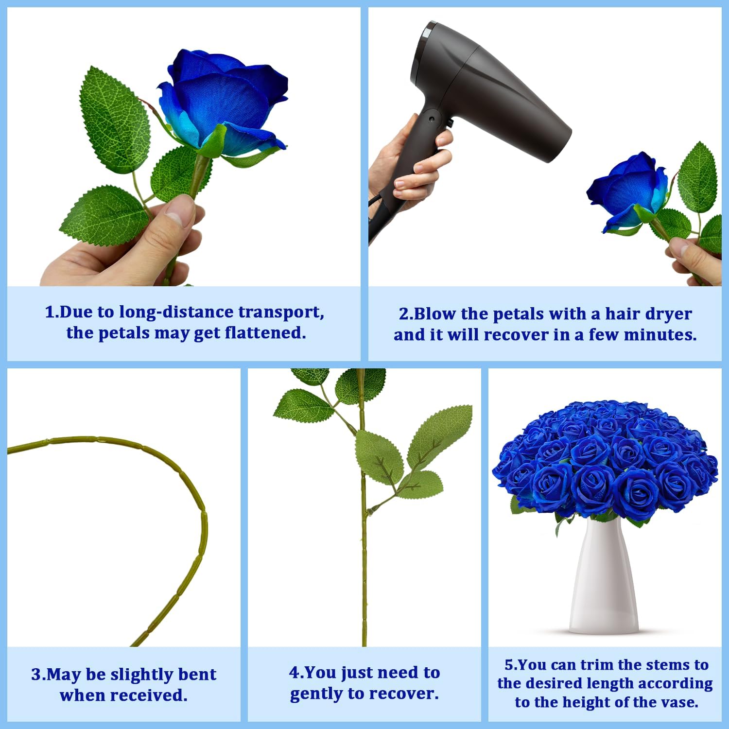 Wondrus Bulk Artificial Flowers 50 PCS, Fake Velvet Silk Blue Roses with Long Stems Realistic Bouquet for Wedding Centerpieces, Faux Arrangement for Home Table Decor - Image 5