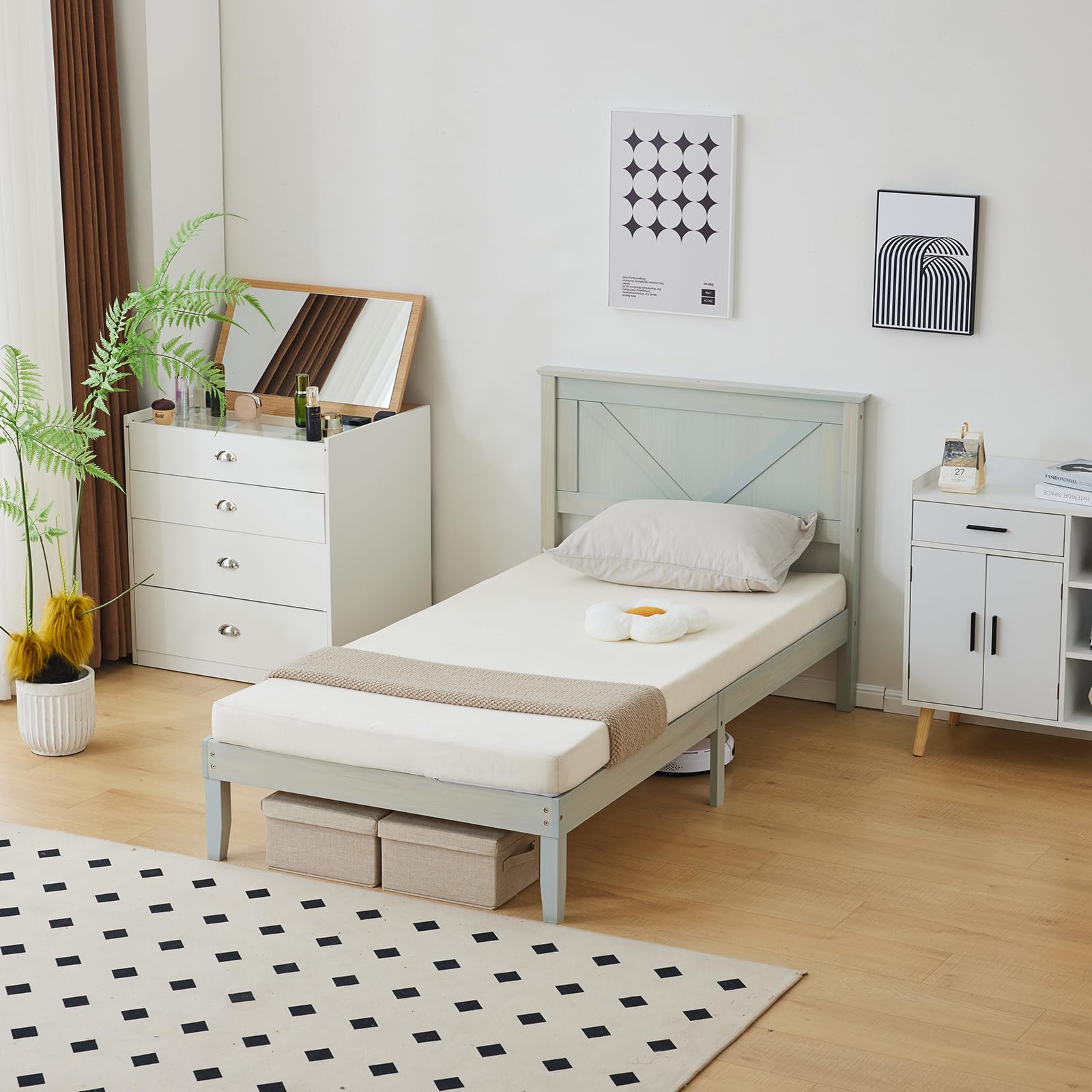 twin size solid wood platform bed frame with headboard,no box spring needed,easy assembly,for bedroom(77.8"×42"×37.7"). (gray)