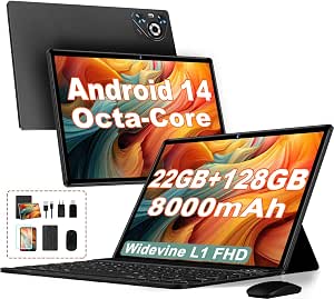 Tablet Android Tablet 10 pollici 22 GB RAM+128 GB ROM (espandibile 1T), Octa -Core 2.0 Ghz, WiFi 6/5G/2.4G, Widevine L1, 8000 mAh, 1080P, 5 MP + 8 MP, Bluetooth 5.0, Touch, Tastiera+Mouse e Tablet Android Tablet 10 pollici 22 GB RAM+128 GB ROM (espandibile 1T), Octa -Core 2.0 Ghz, WiFi 6/5G/2.4G, Widevine L1, 8000 mAh, 1080P, 5 MP + 8 MP, Bluetooth 5.0, Touch, Tastiera+Mouse e