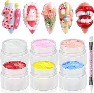 Colored Sculpting Gel for Nail Art, 6 Colors Nail Clay for 3D Art, Non-Sticky Hard Solid Builder Gel with Silicone Carving Pen, Nail Molding Kit for Home Manicure & Professional Salon