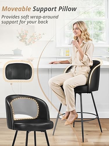 Miniatura 3 de LUE BONA Juego de 3 taburetes de bar giratorios de 26 pulgadas de alto, taburetes de bar con respaldo, almohada lumbar y marcos de metal negro,