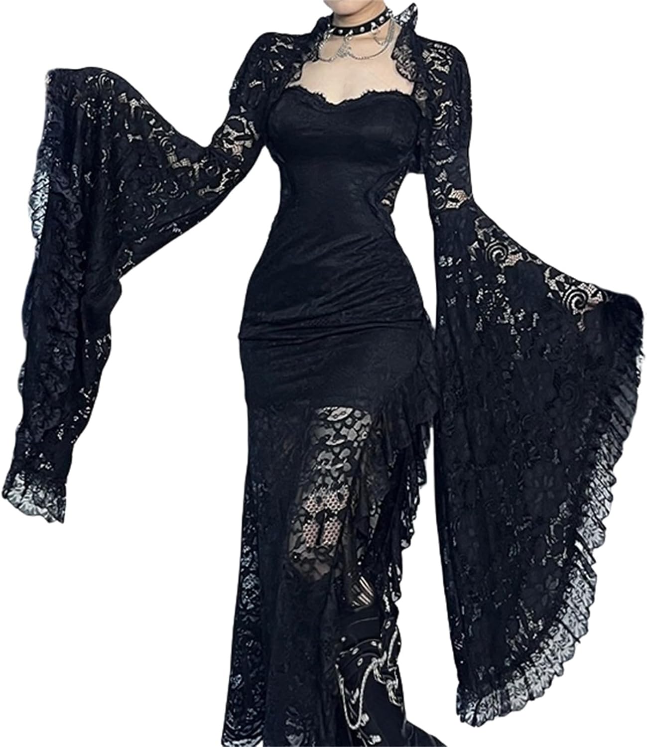 Women Medieval Lace Crop Shrug Top - Flared Long Sleeve Floral Sheer Mesh Fairy Bolero Bridal Summer