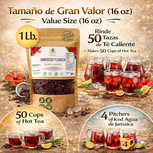 Miniatura 4 de Jamaica Flor - Té de hibisco de hojas sueltas 100% natural - 16 onzas (1 libra) - Pétalos de flores de hibisco secos - Sin cafeína - Rico